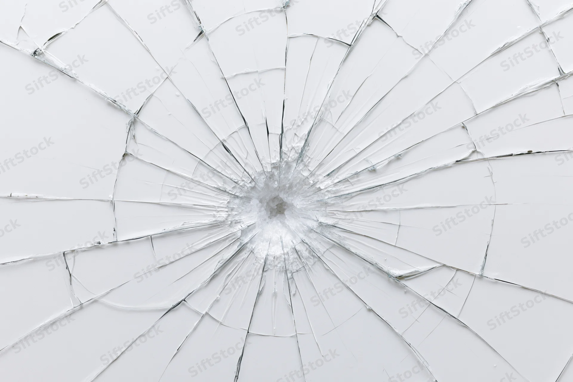 Shattered glass pane with radial cracks from central impact point against white background