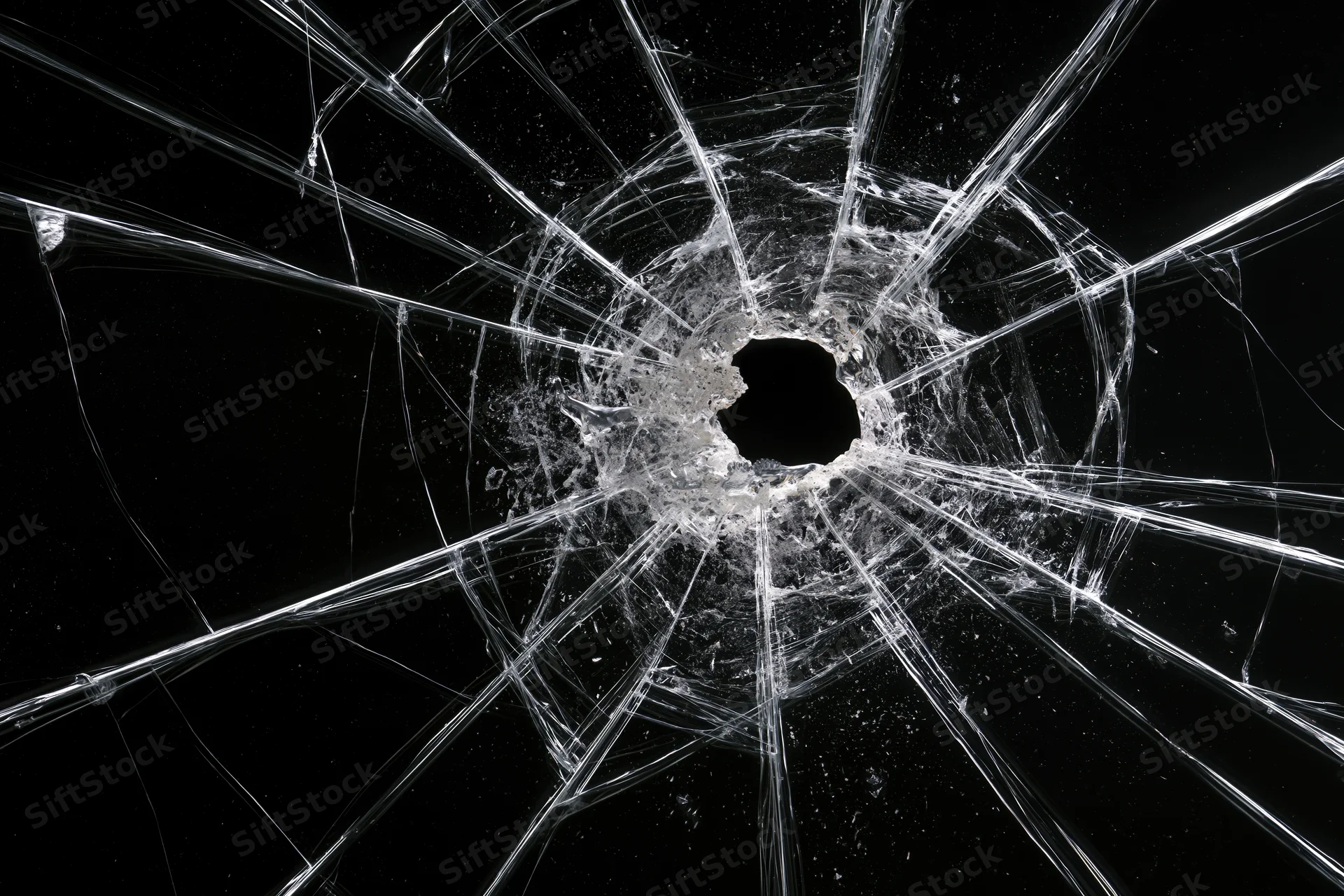 Shattered glass pane with central hole and radial cracks against black background
