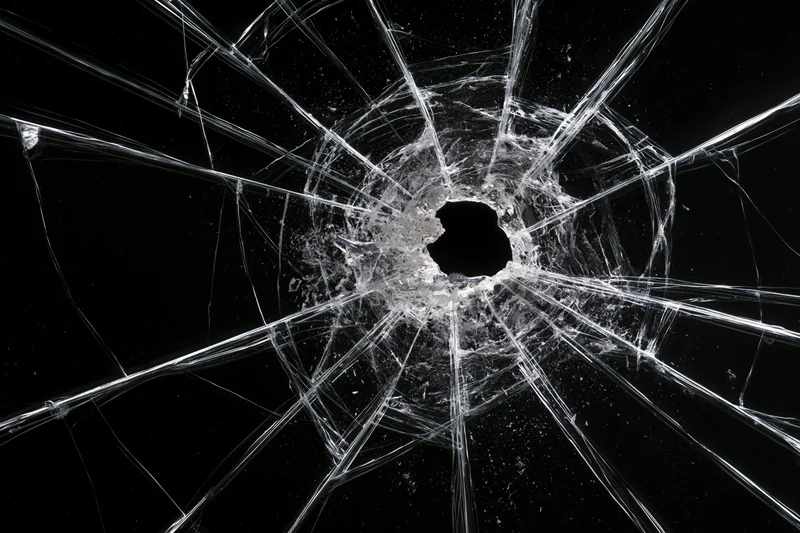 Shattered glass pane with central hole and radial cracks against black background