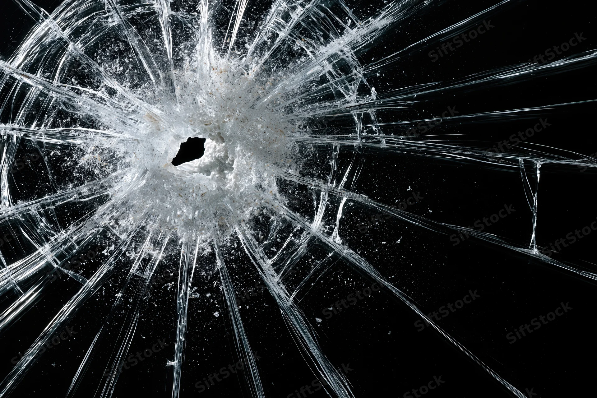 Shattered glass pane with central impact hole and radiating cracks against black background