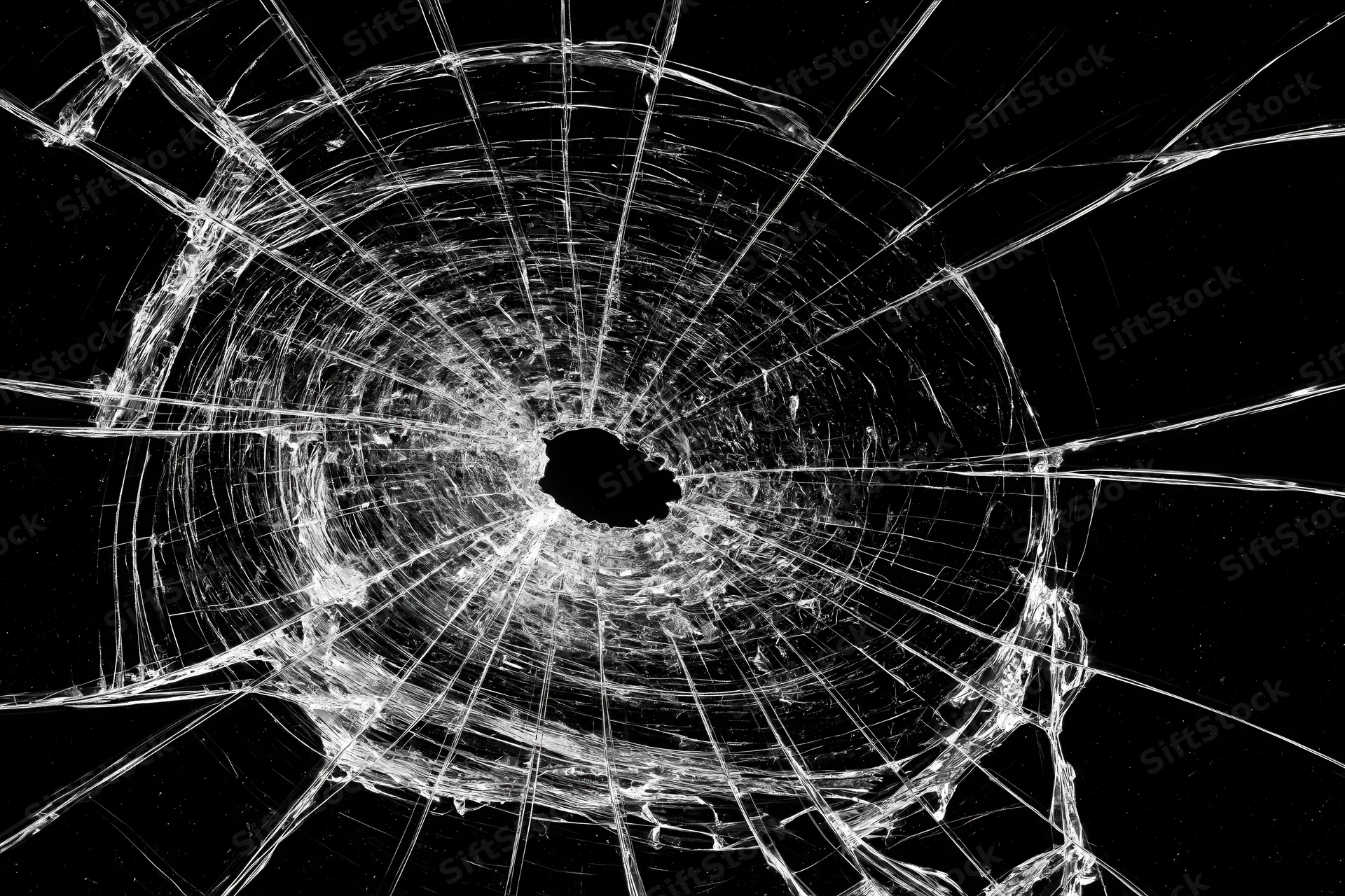 Shattered glass pane with central impact hole radiating cracks against black background