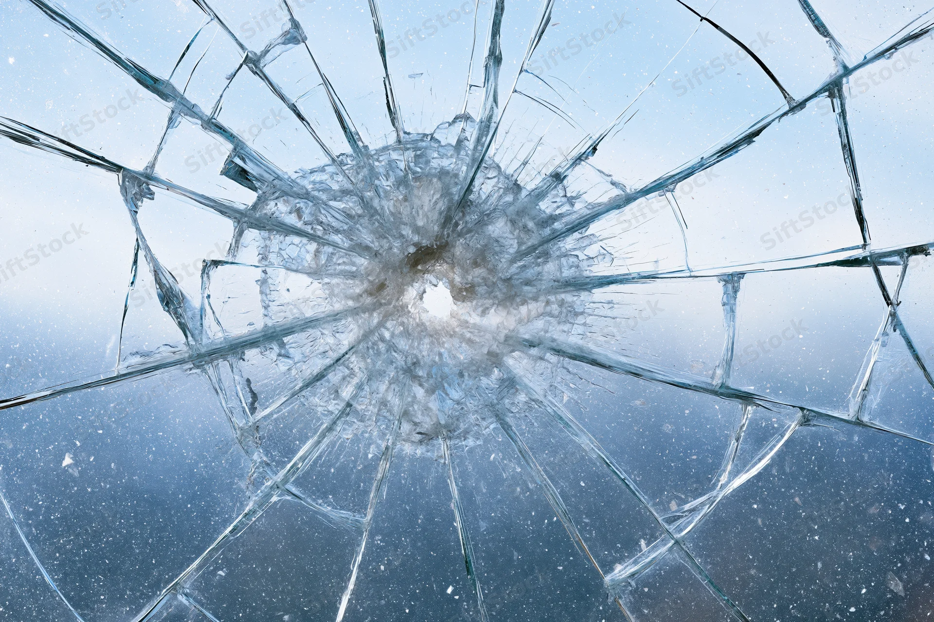 Shattered glass pane with radial cracks from central impact point against blue sky background