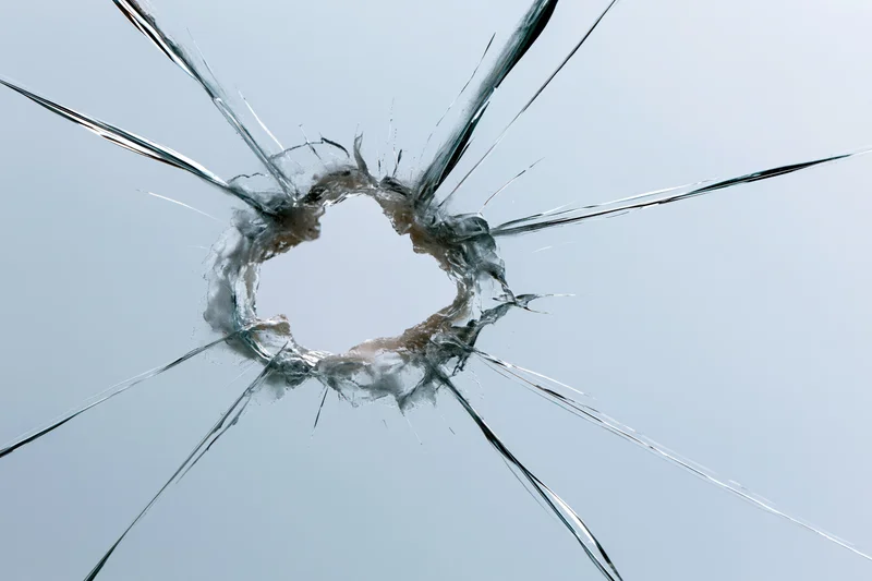 Shattered glass pane with jagged central hole and radiating cracks against a light gray background