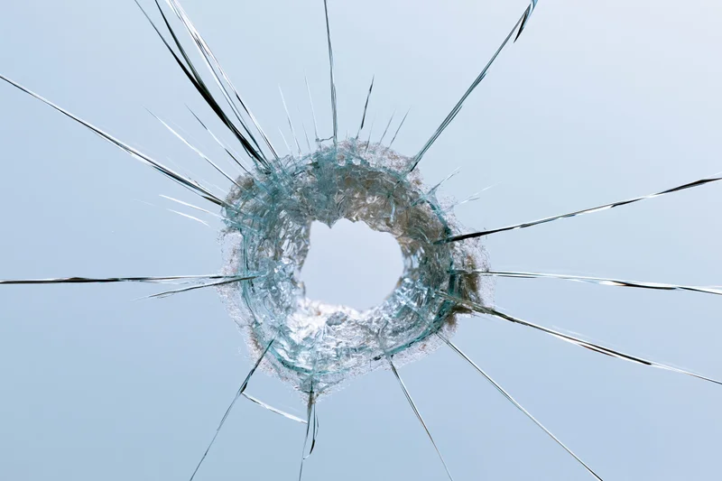 Shattered glass pane with a jagged central impact hole and radial cracks against a light blue background