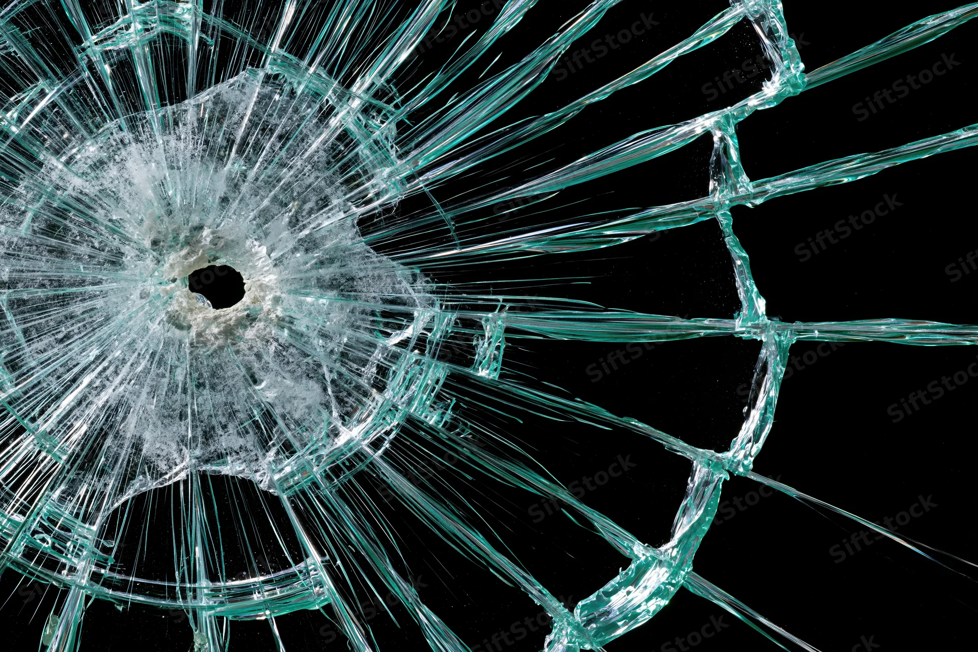 Shattered glass pane with radial fractures spreading from central hole against black background