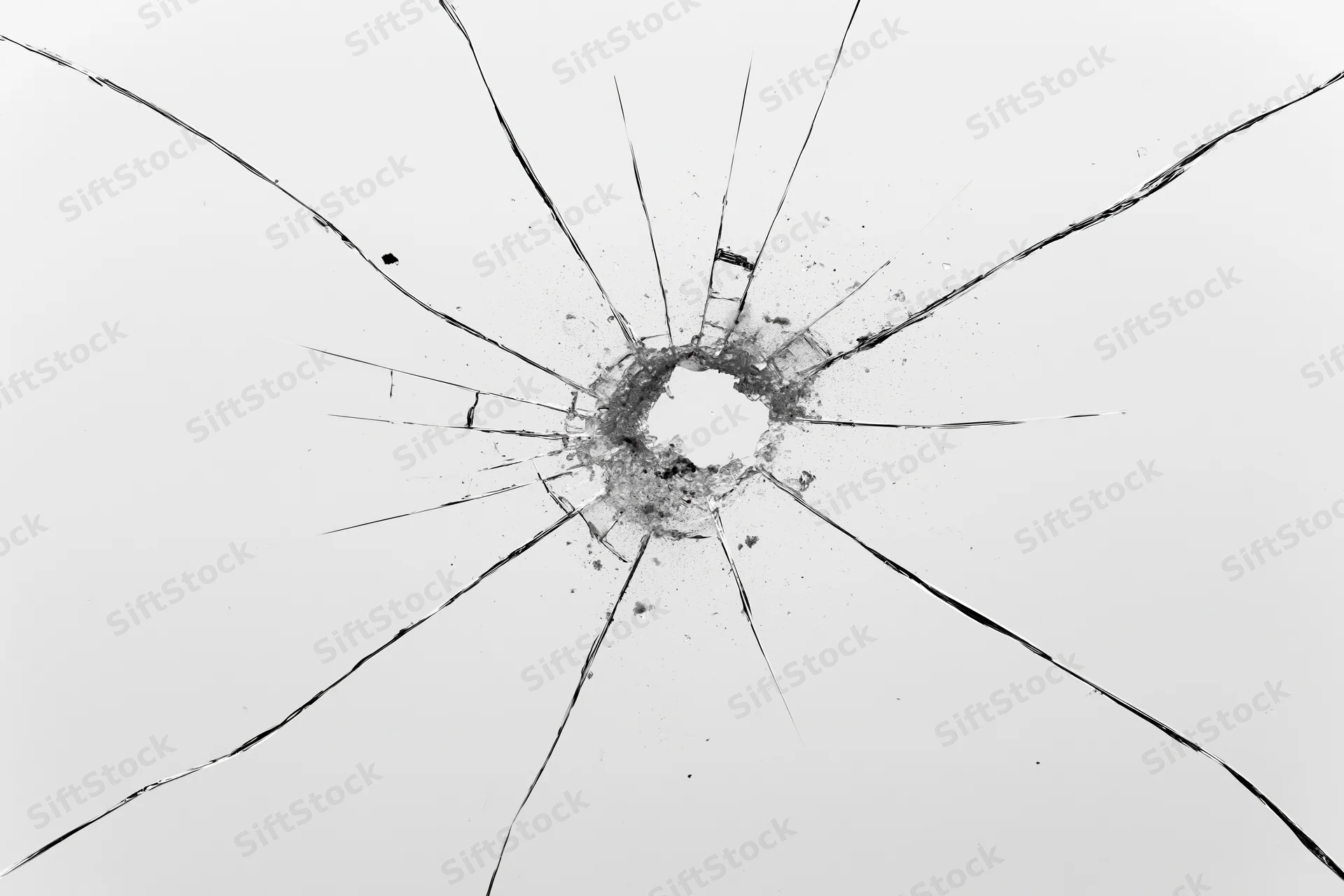 Shattered glass with a central impact point radiating cracks across a transparent surface