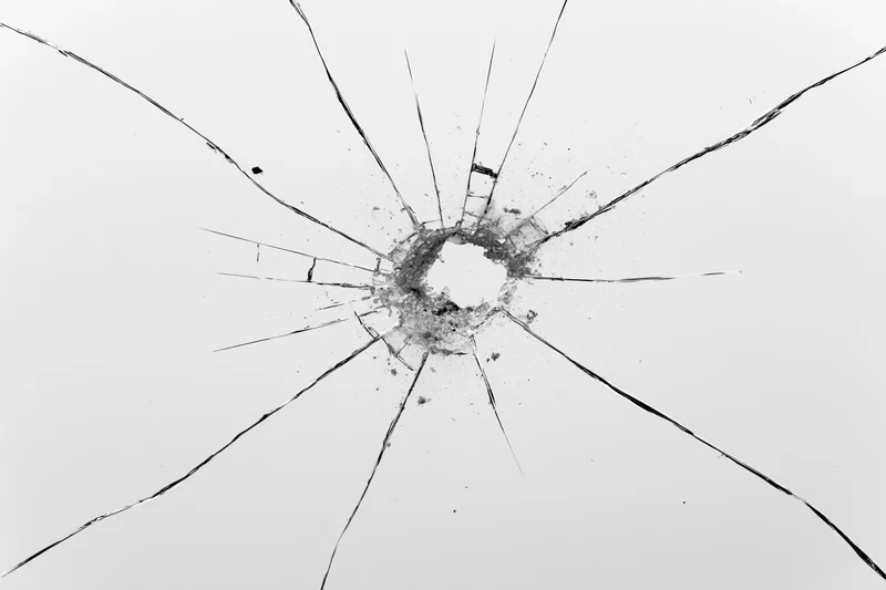 Shattered glass with a central impact point radiating cracks across a transparent surface