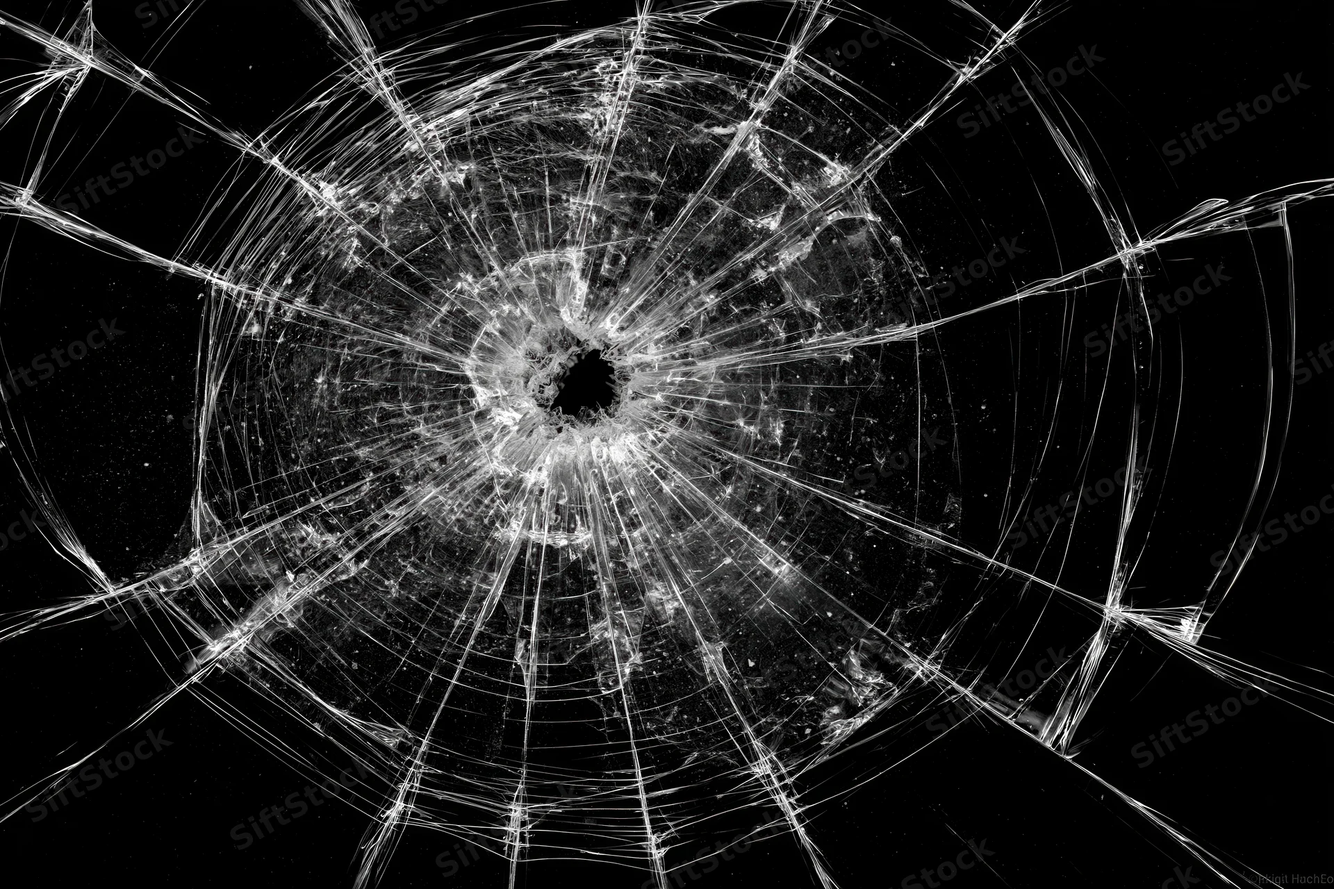 Shattered glass with radial cracks emanating from a central impact point against a black background