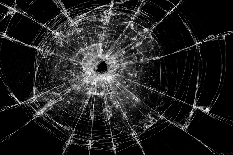 Shattered glass with radial cracks emanating from a central impact point against a black background