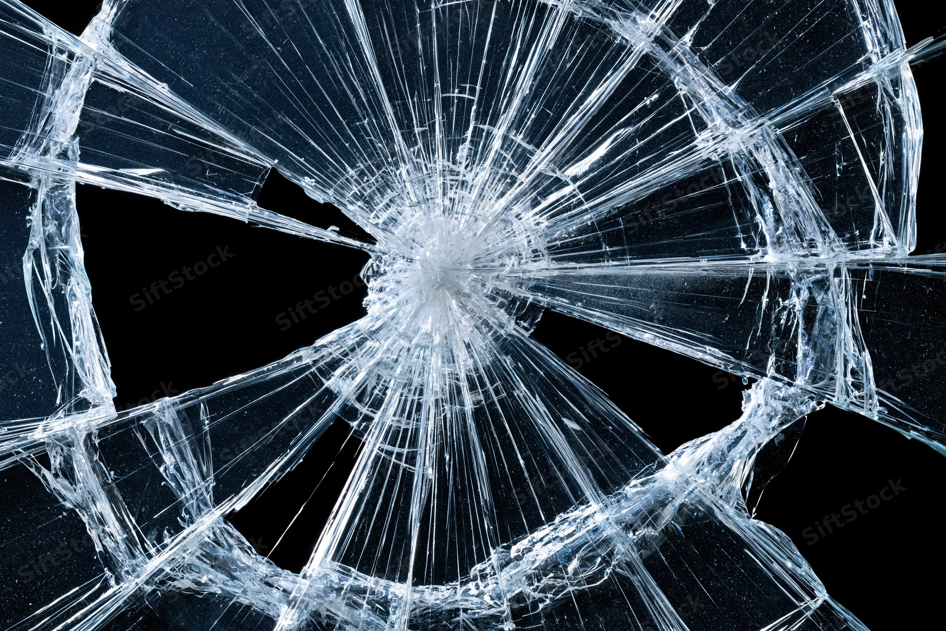 Shattered glass with radial cracks from central impact point against dark background