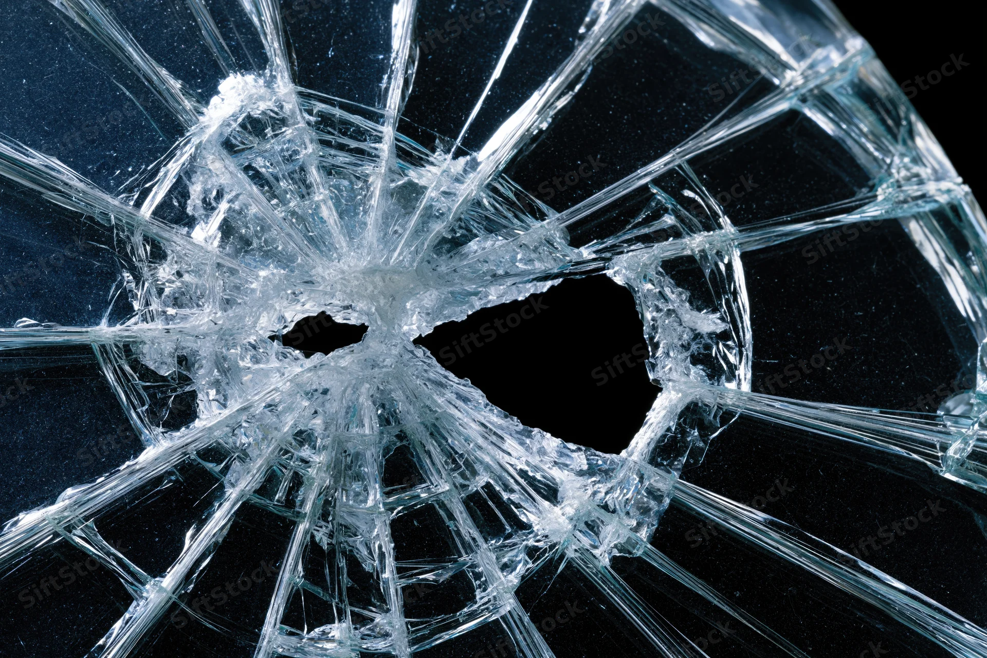Shattered glass with a central impact point radiating jagged cracks against a dark background