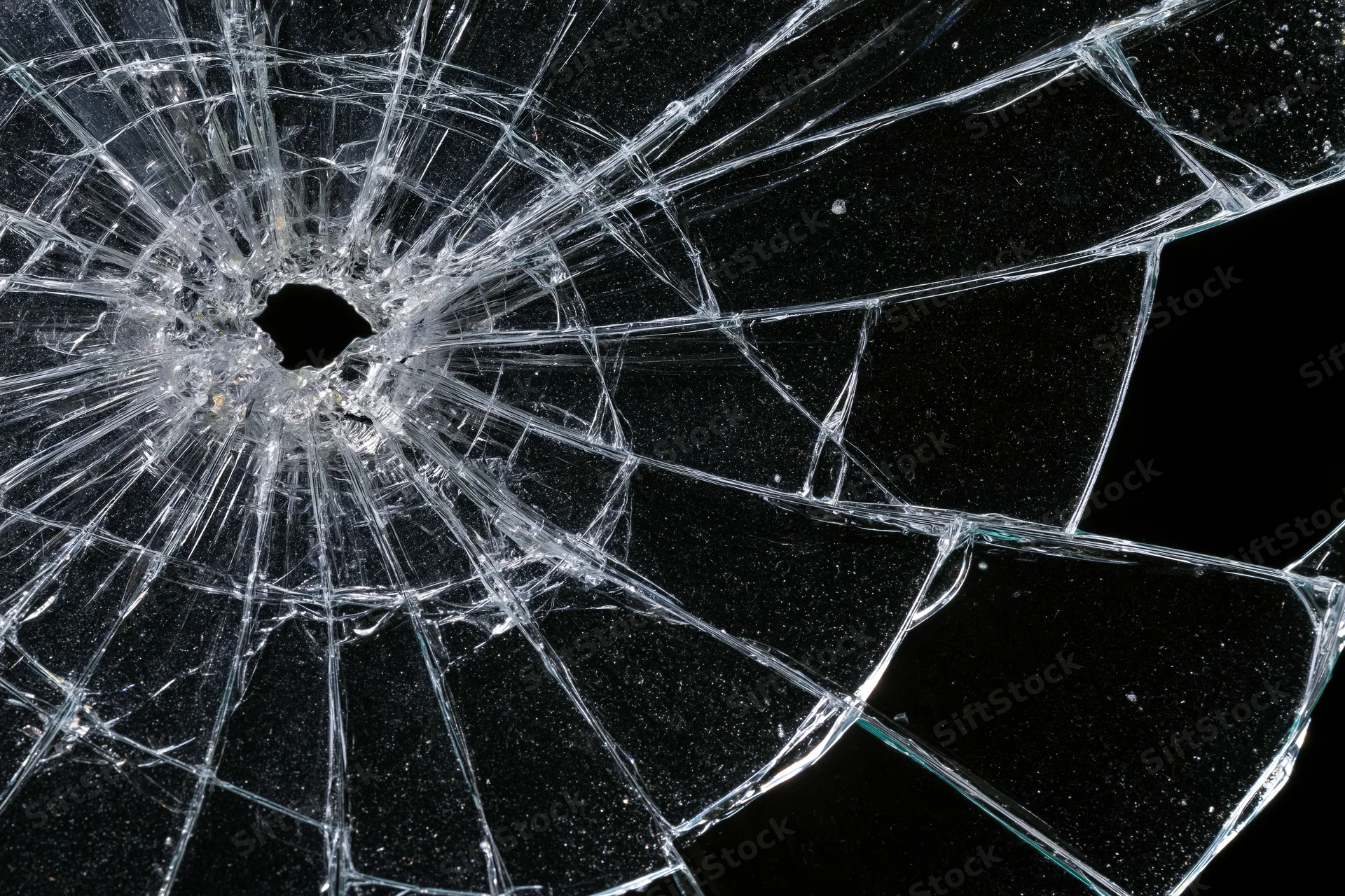 Shattered glass with a central hole and radiating cracks against a black background