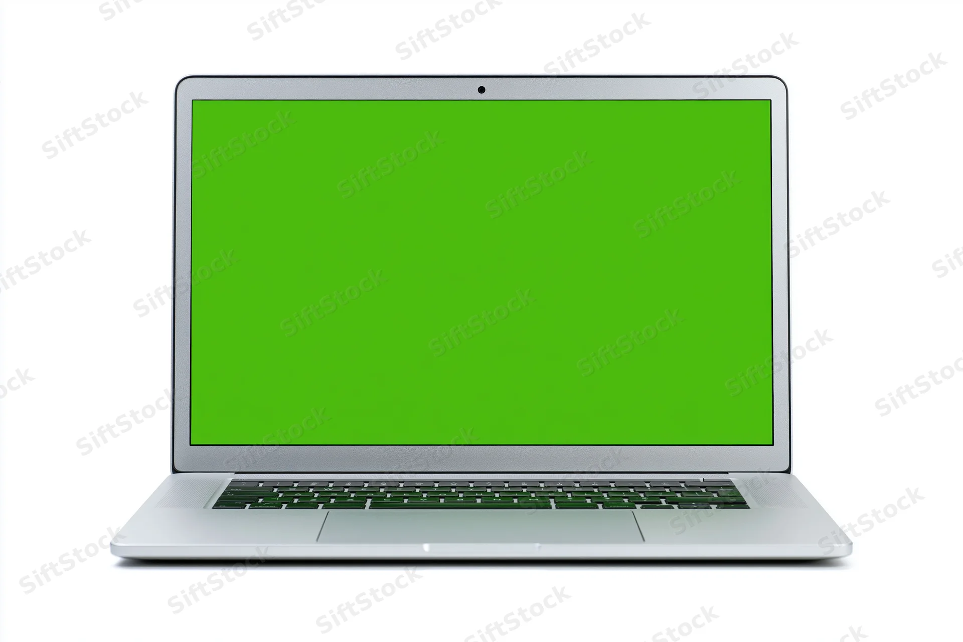 Silver aluminum laptop open face-on with green screen display isolated on white background