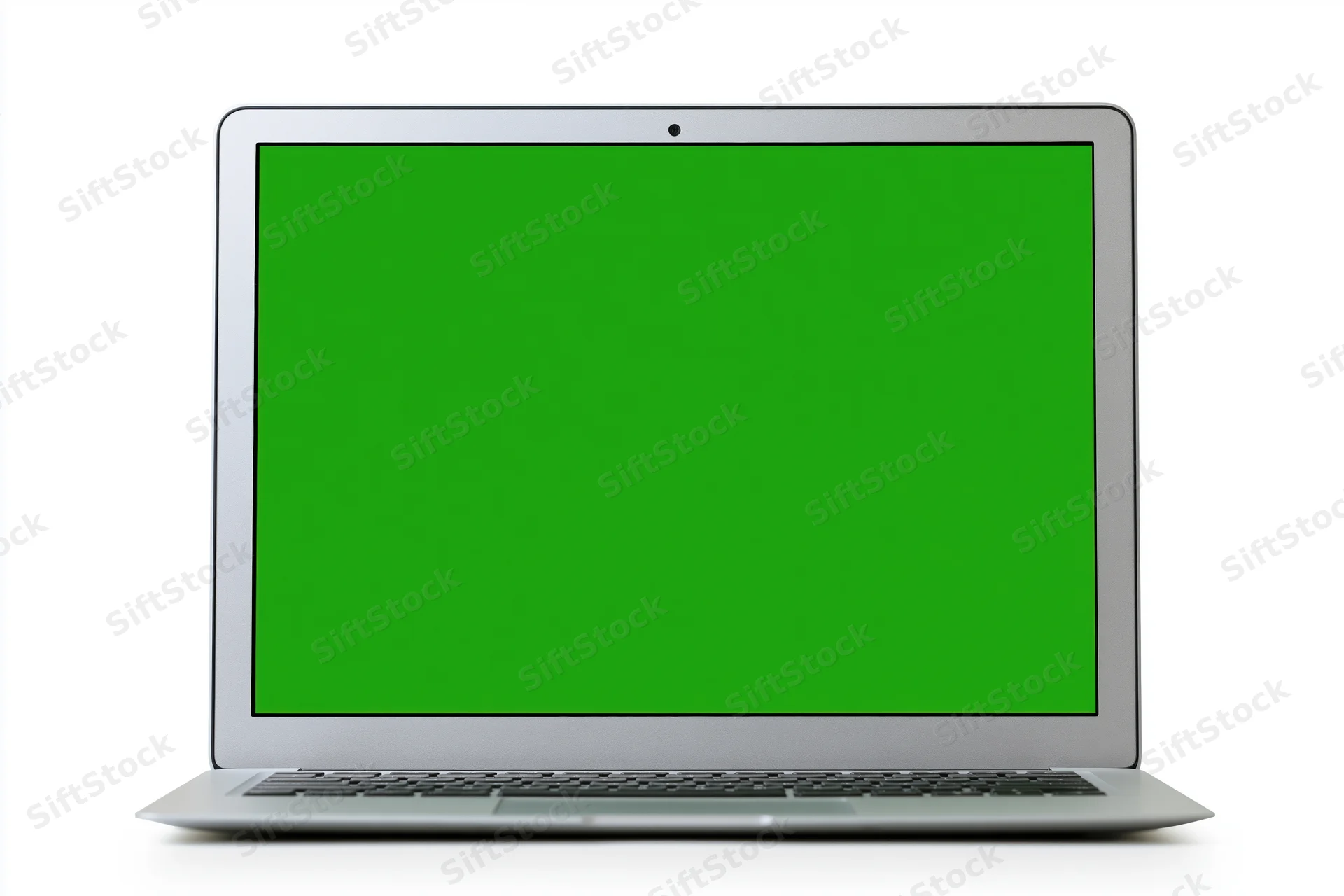 Silver aluminum laptop open face-on with green screen display on white background