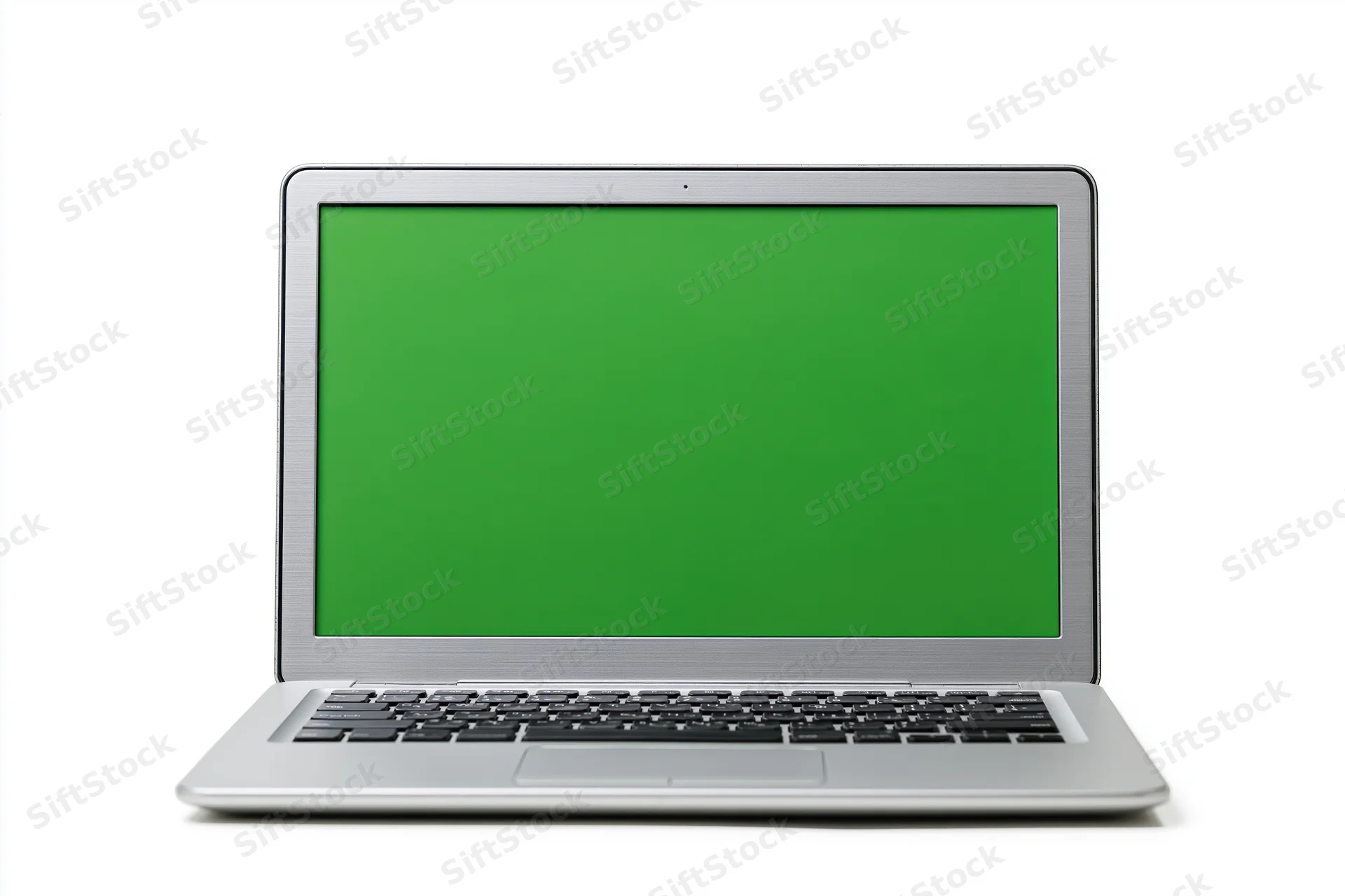 Silver aluminum laptop open facing forward with green screen display on white background
