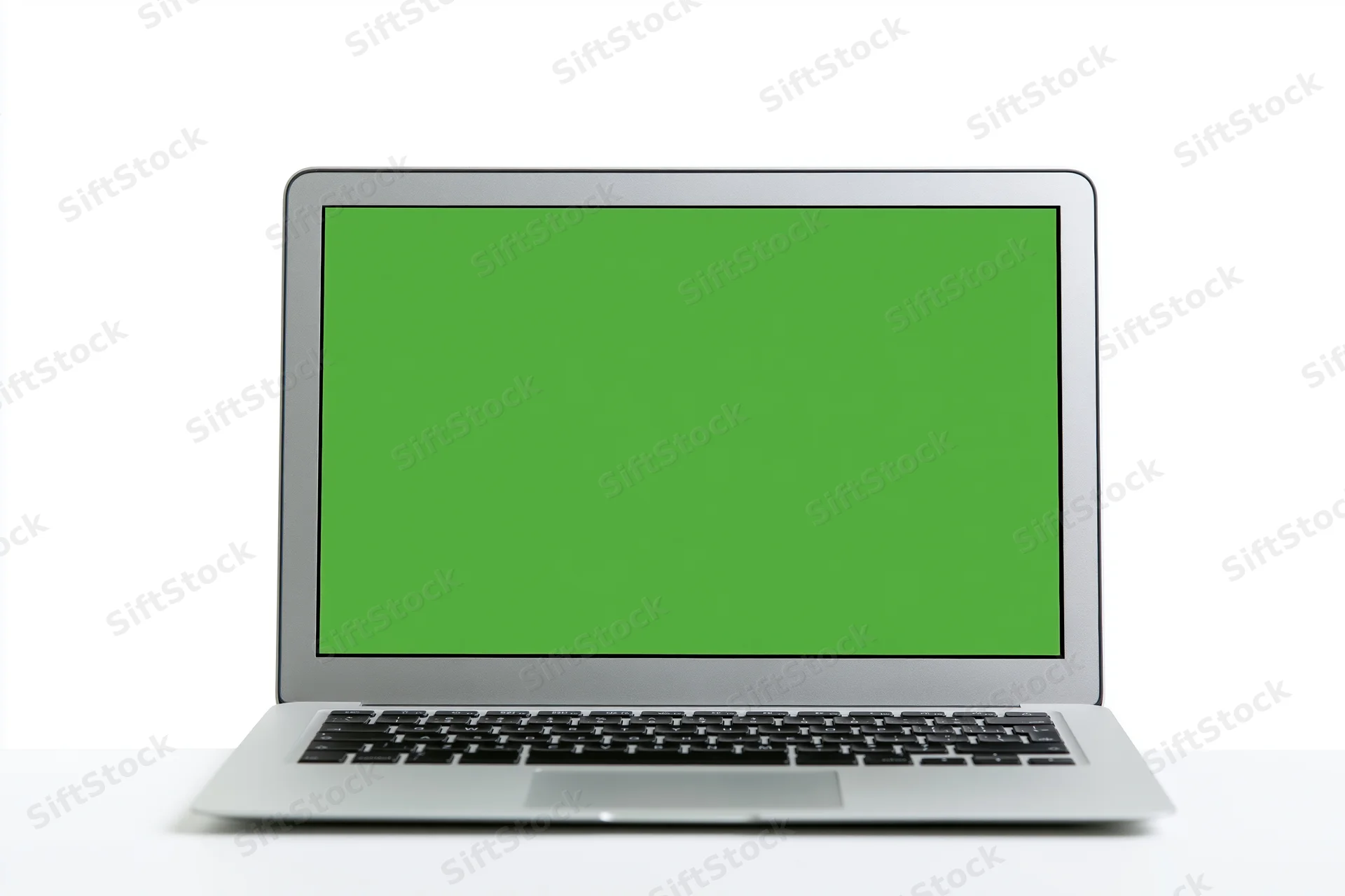 Silver aluminum laptop open facing forward with green screen display on white background
