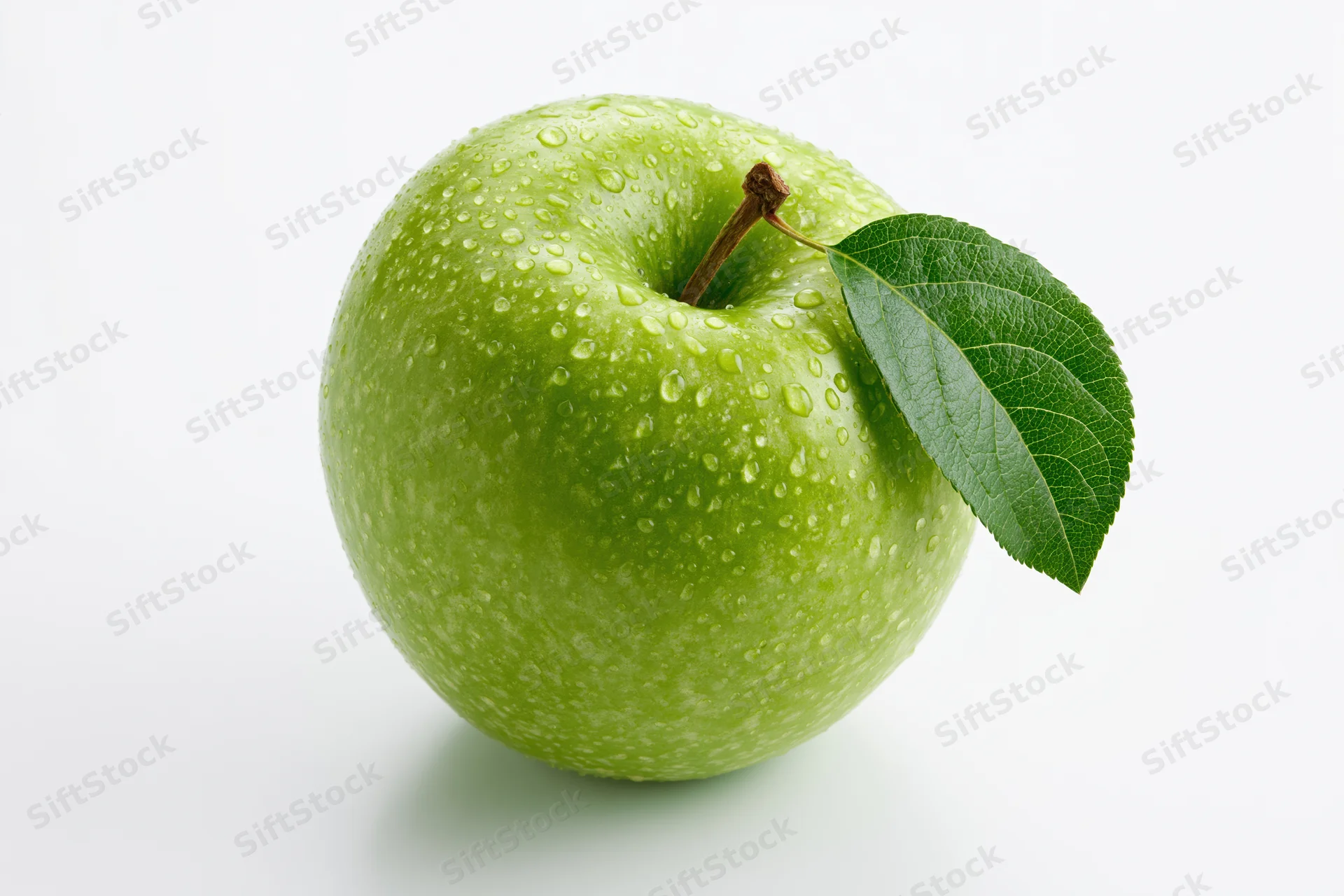 Single green apple with water droplets and attached leaf on white background
