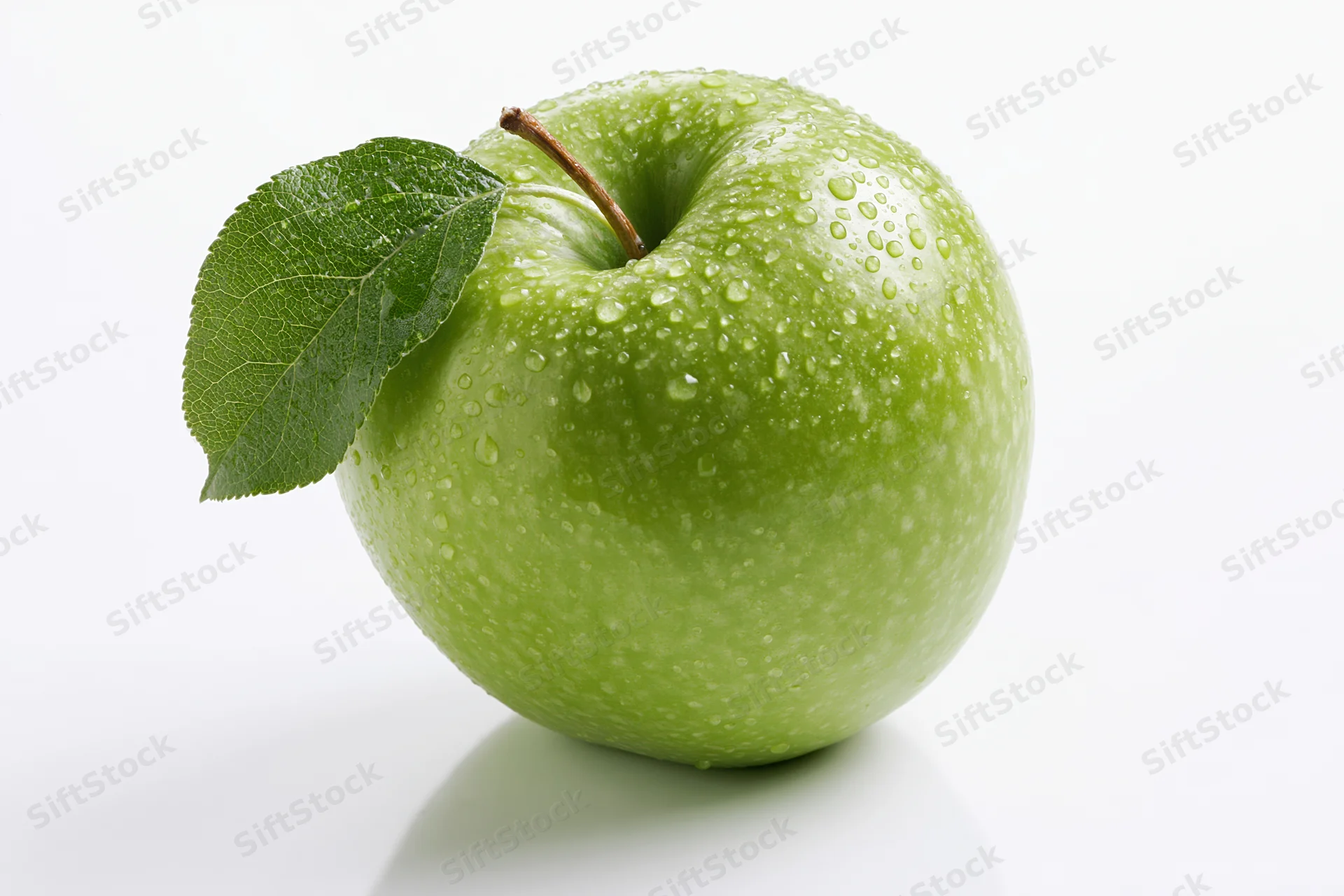 Single green granny smith apple with water droplets and attached leaf on white background