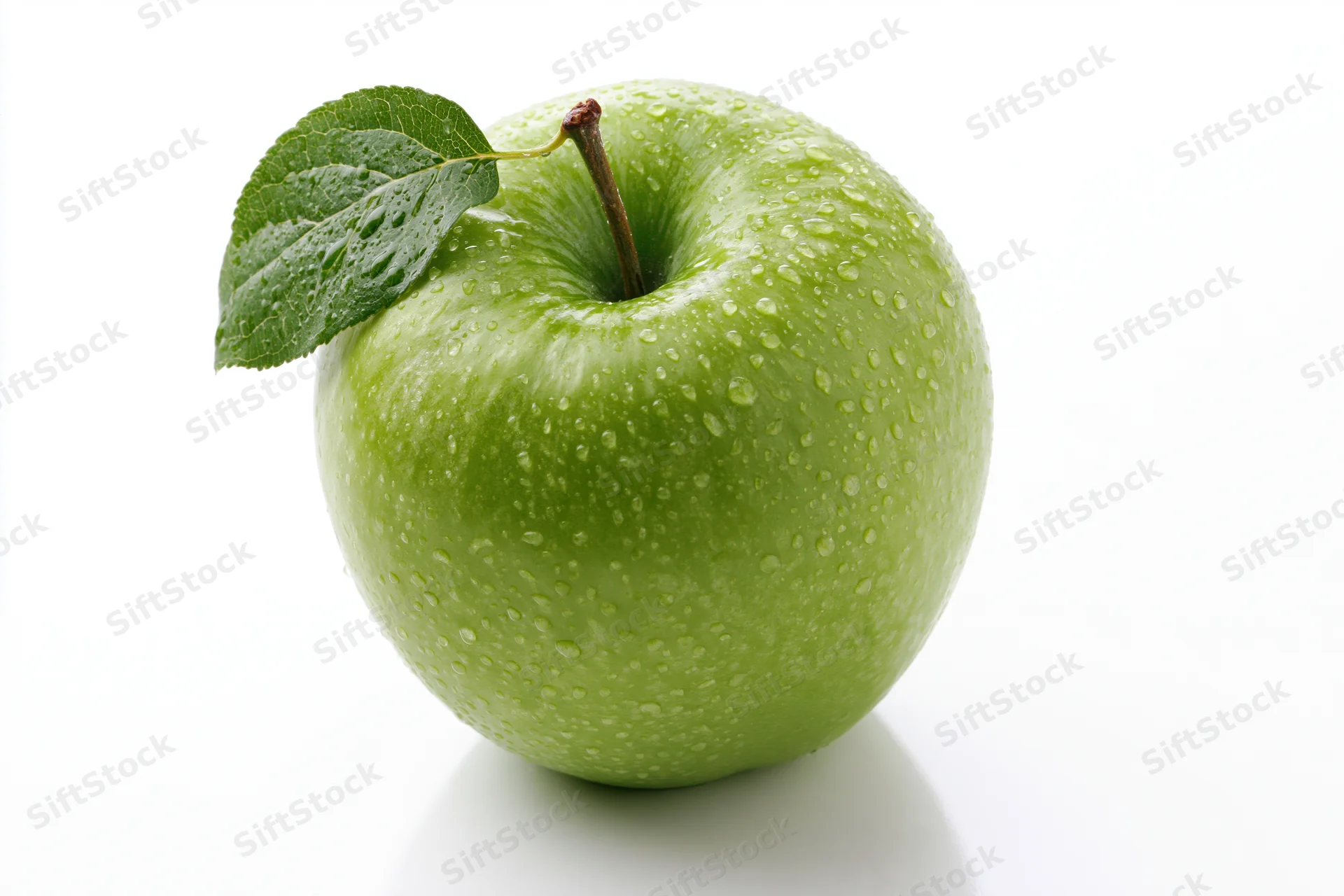 Single green granny smith apple with leaf and water droplets on white background
