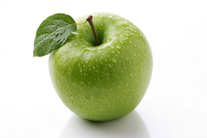 Single green granny smith apple with leaf and water droplets on white background