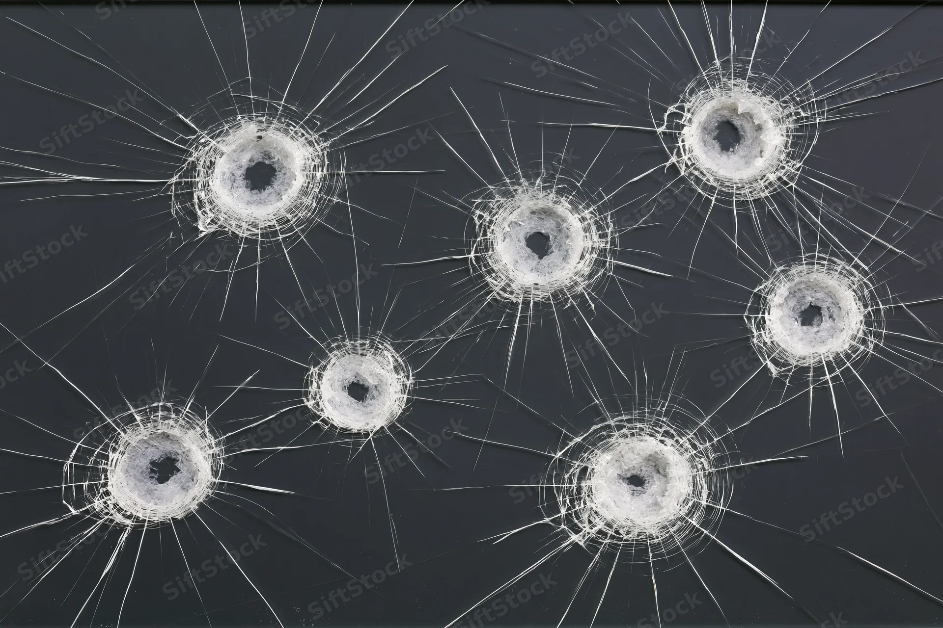 Six bullet holes in dark tempered glass pane each with radial cracks from impact
