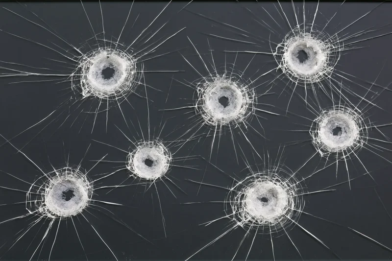 Six bullet holes in dark tempered glass pane each with radial cracks from impact