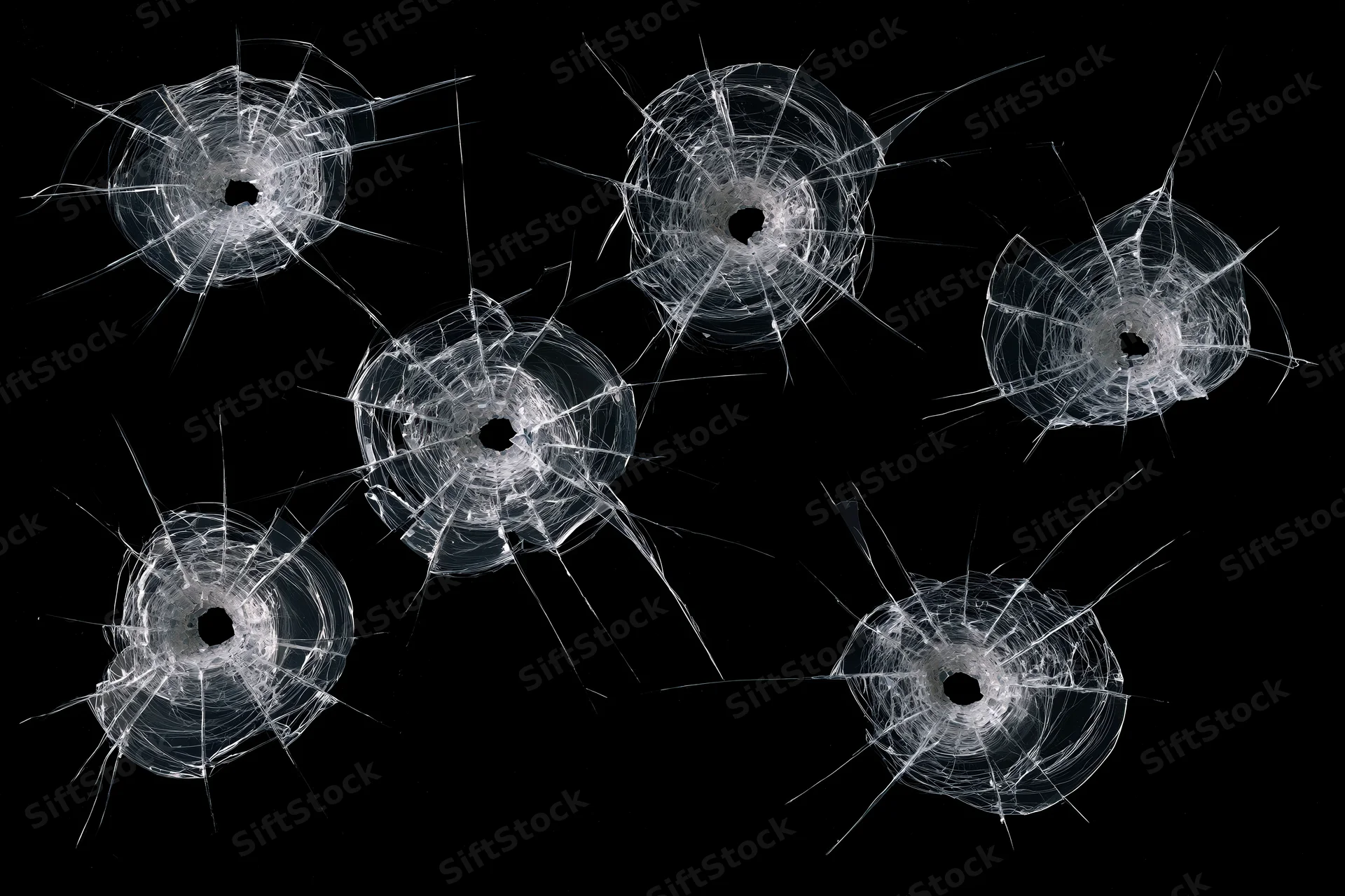 Six bullet holes in a dark tempered glass pane each with radial cracks and a central impact point