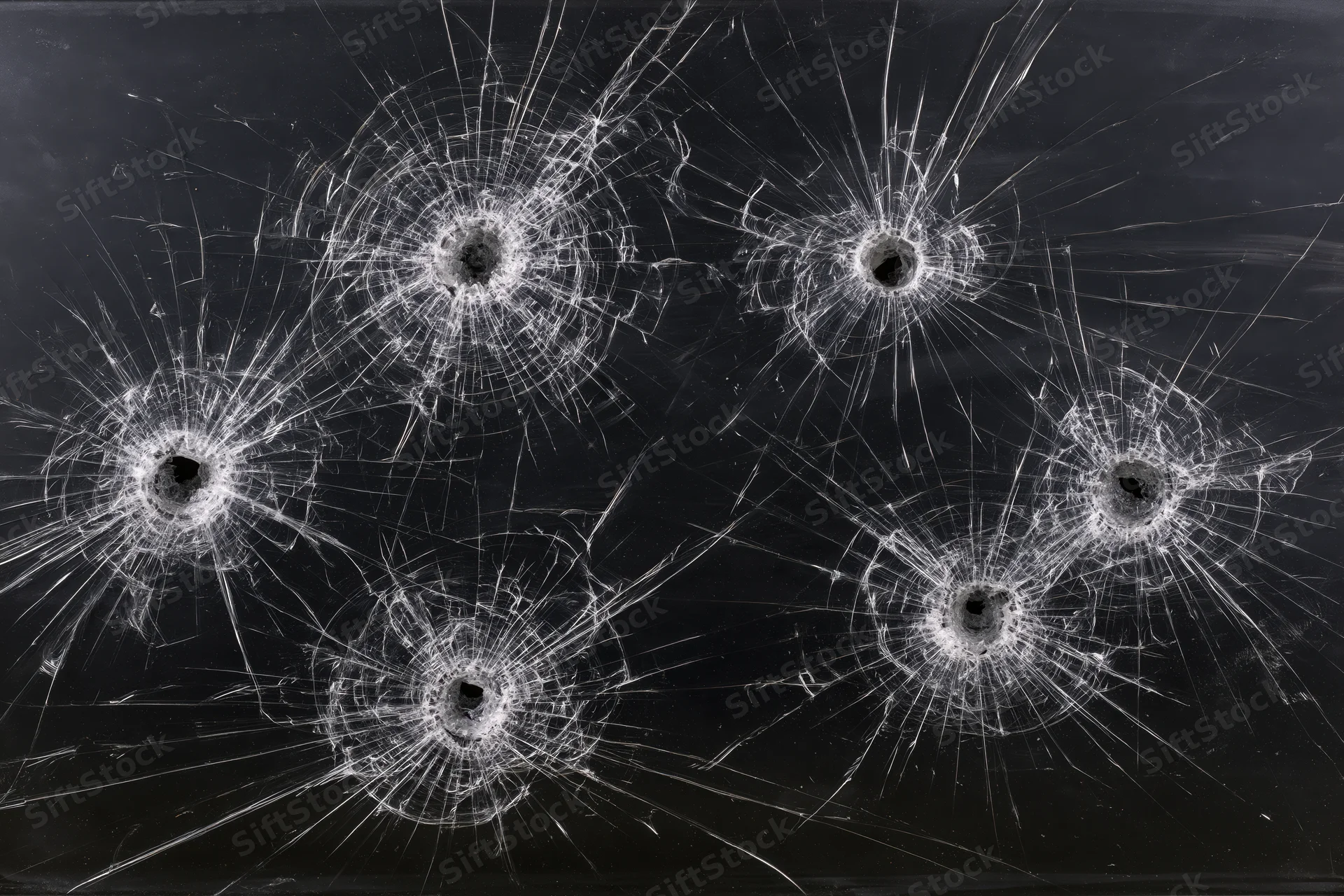 Six bullet holes in dark tempered glass pane each with radial cracks spreading outward