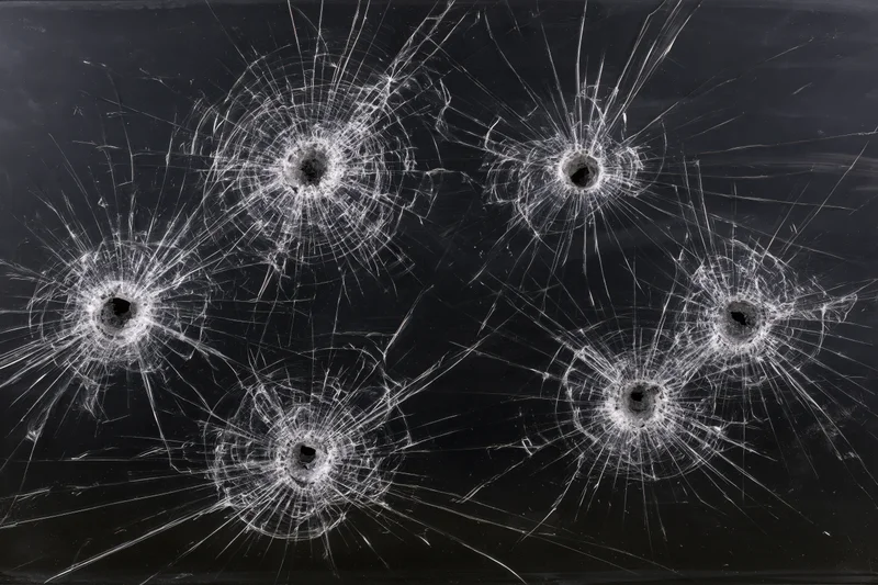 Six bullet holes in dark tempered glass pane each with radial cracks spreading outward
