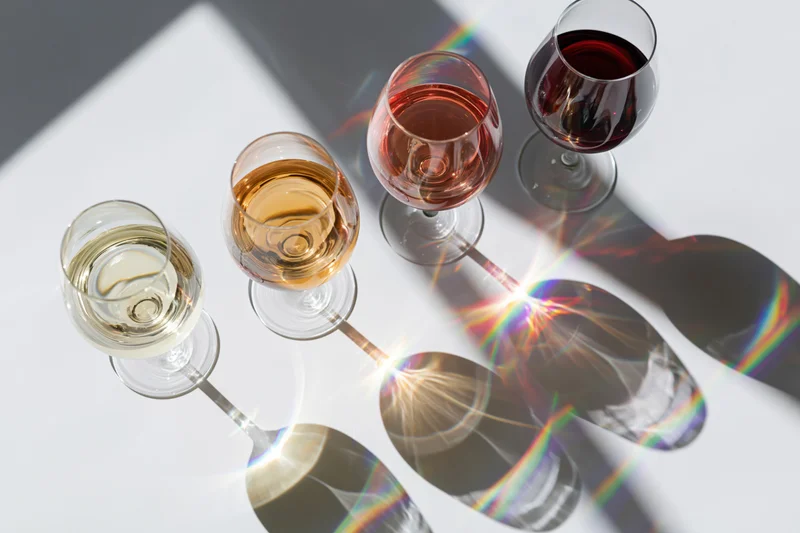 Six wine glasses arranged diagonally on a white surface with light flares and reflections