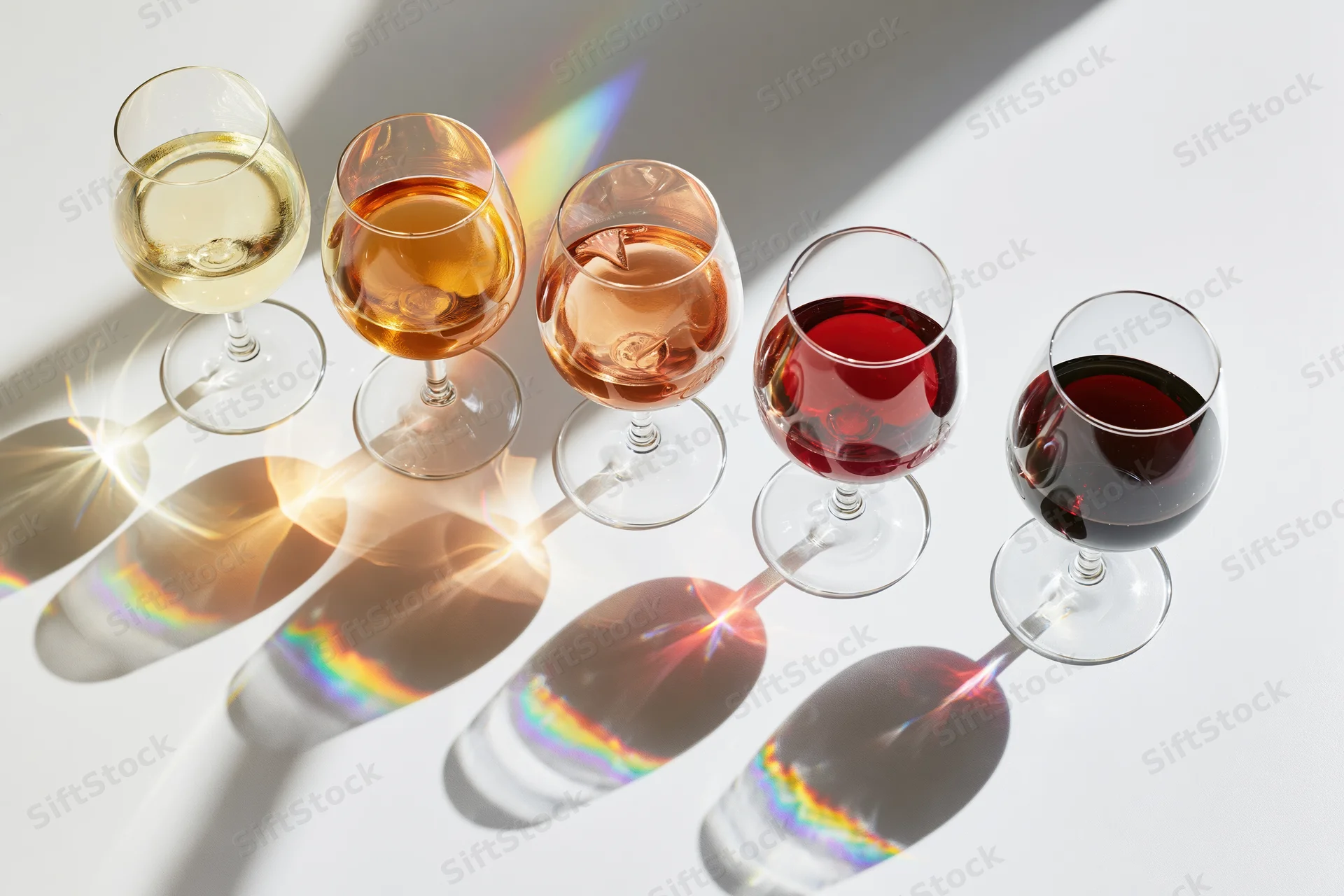 Six wine tasting glasses arranged diagonally on a white surface with light reflections and rainbow shadows