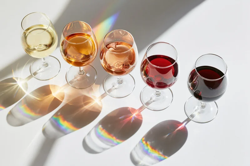 Six wine tasting glasses arranged diagonally on a white surface with light reflections and rainbow shadows