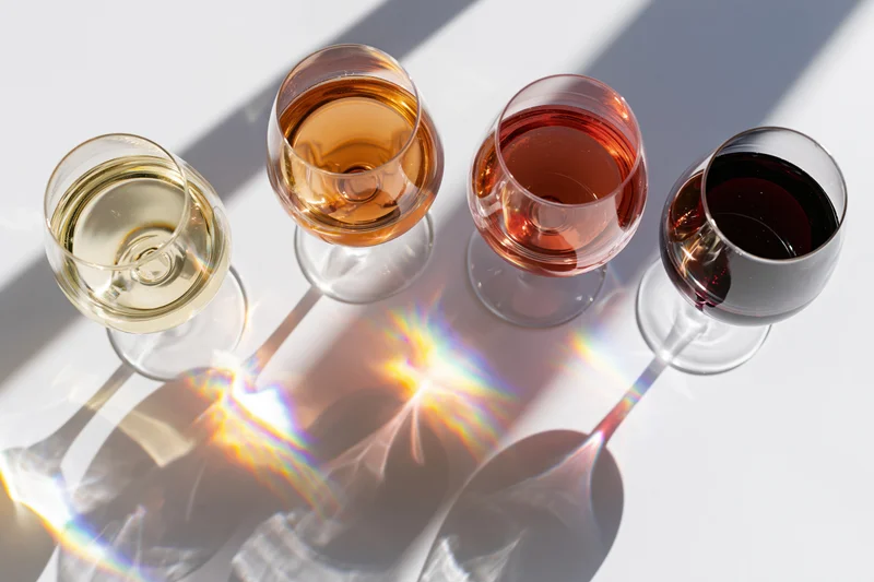 Four wine glasses filled with white, rosé, amber and red wine arranged diagonally on a white surface with light reflections and shadows