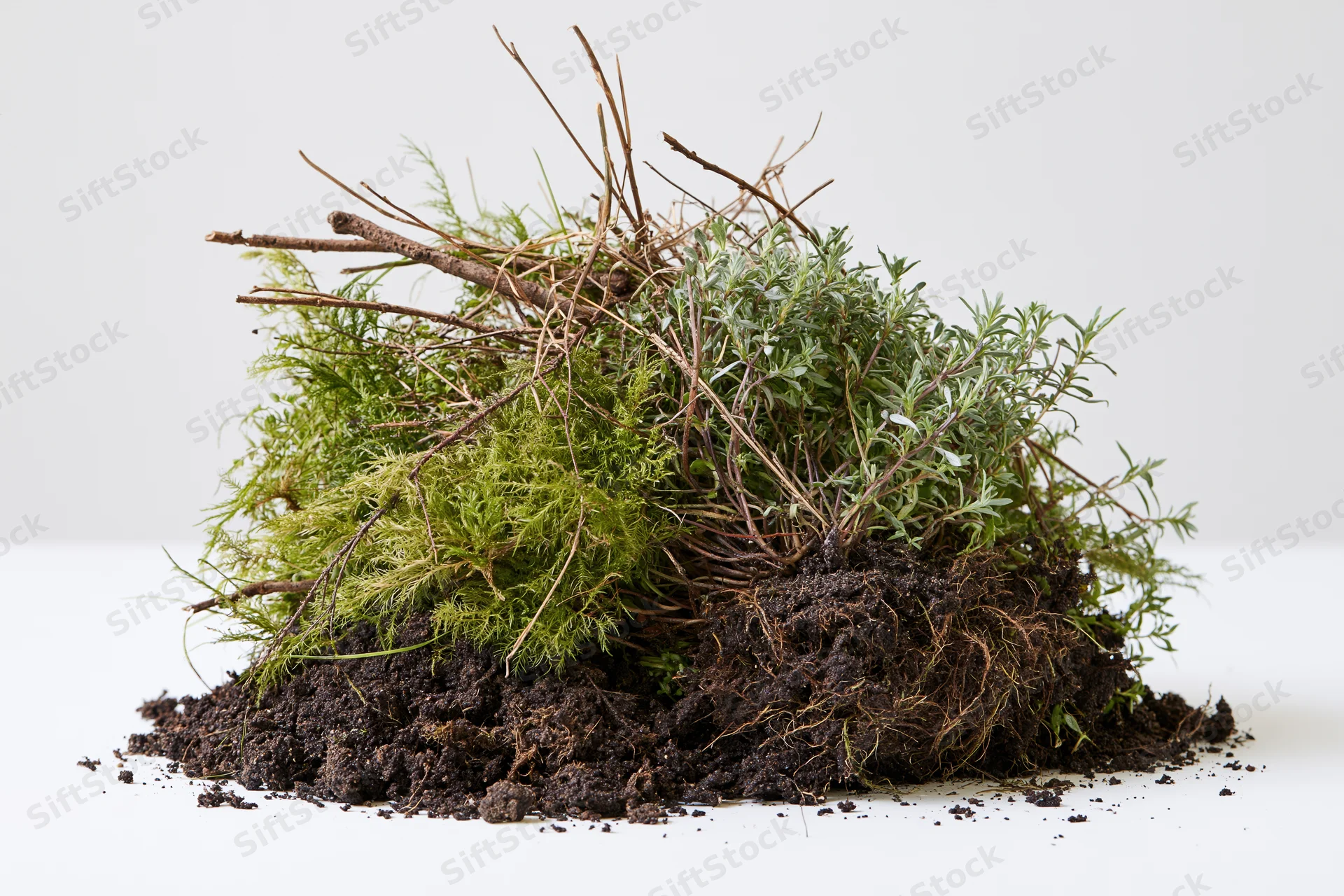 Uprooted clump of wild plants and moss with exposed roots on white surface
