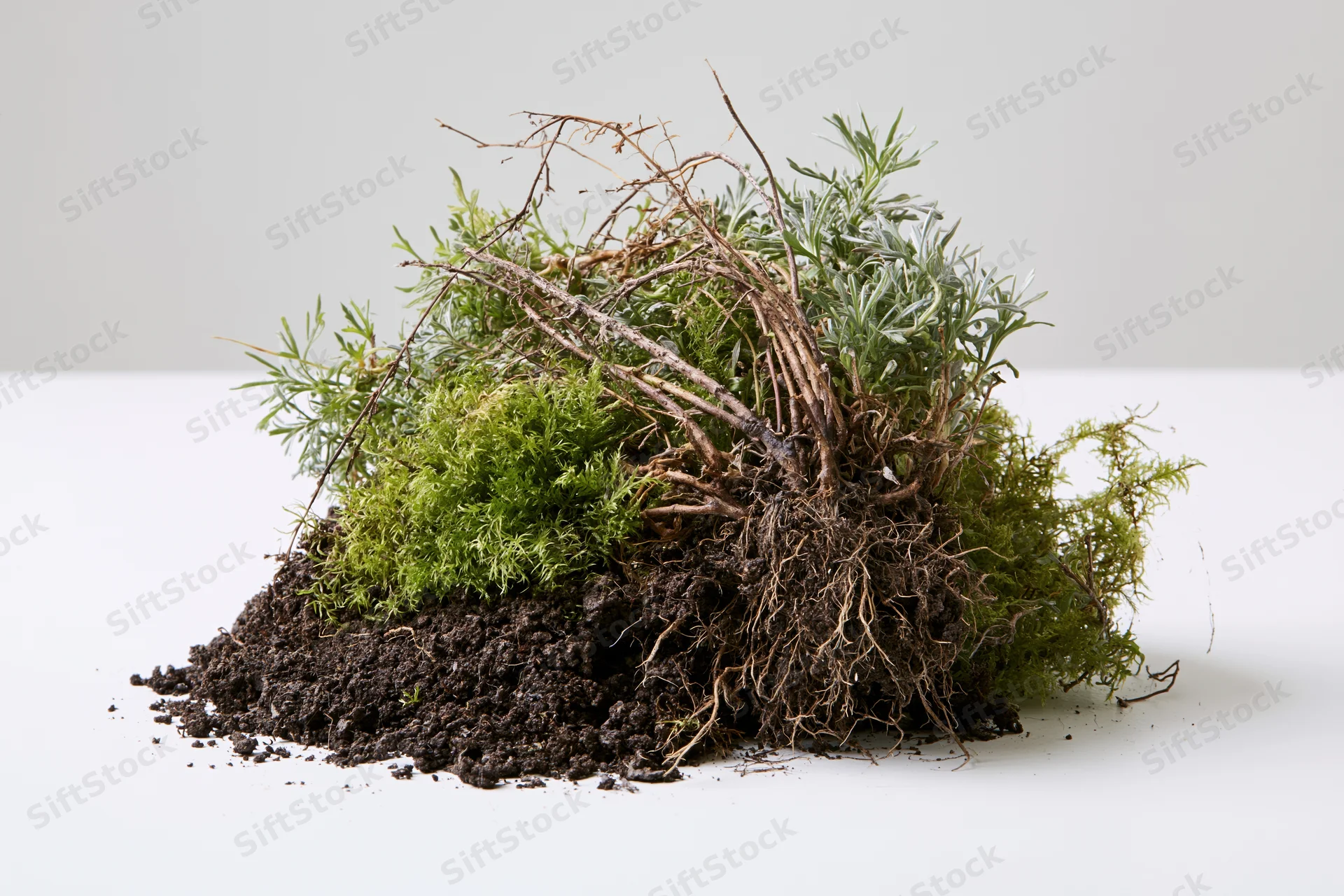 Uprooted clump of wild plants and moss with exposed roots on white surface