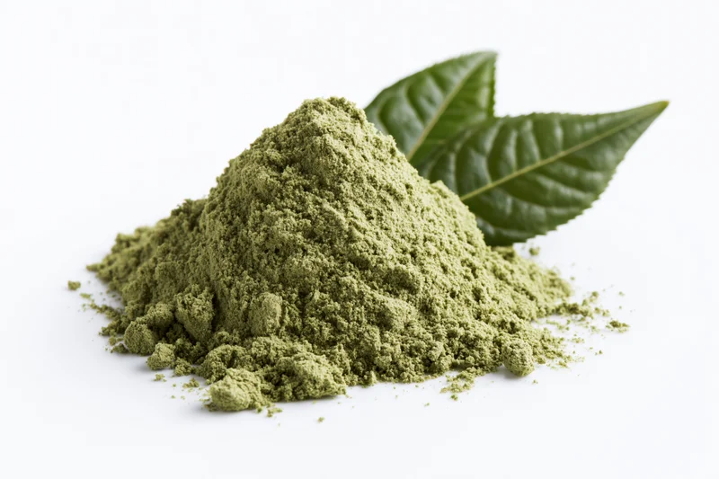 Small mound of matcha green tea powder with two fresh tea leaves on white background