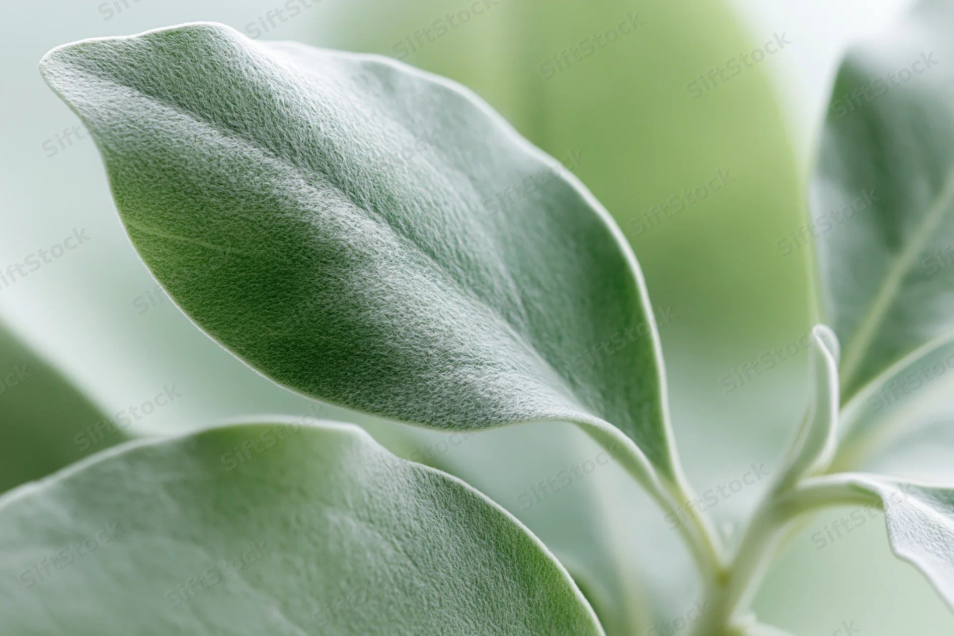 Pale green botanical leaf in extreme closeup with soft texture and visible veins on a blurred natural background