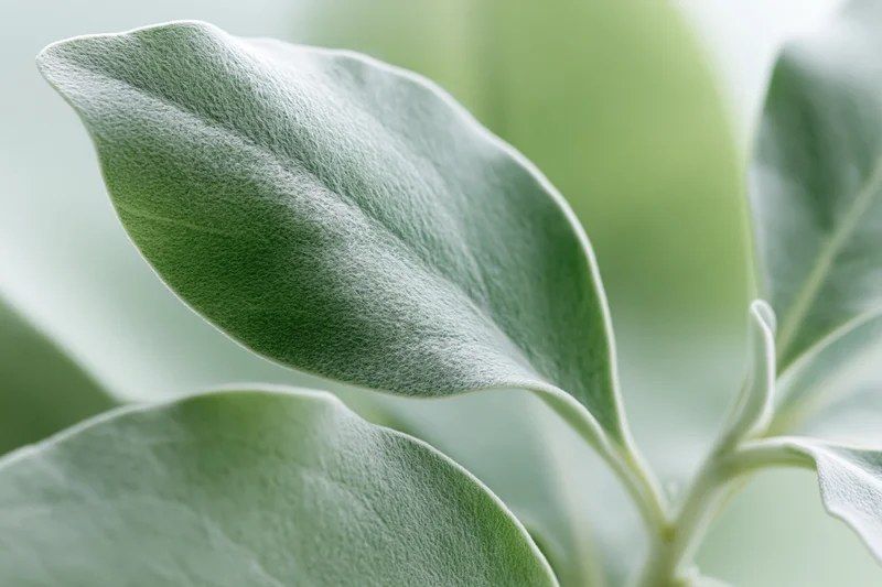 Pale green botanical leaf in extreme closeup with soft texture and visible veins on a blurred natural background