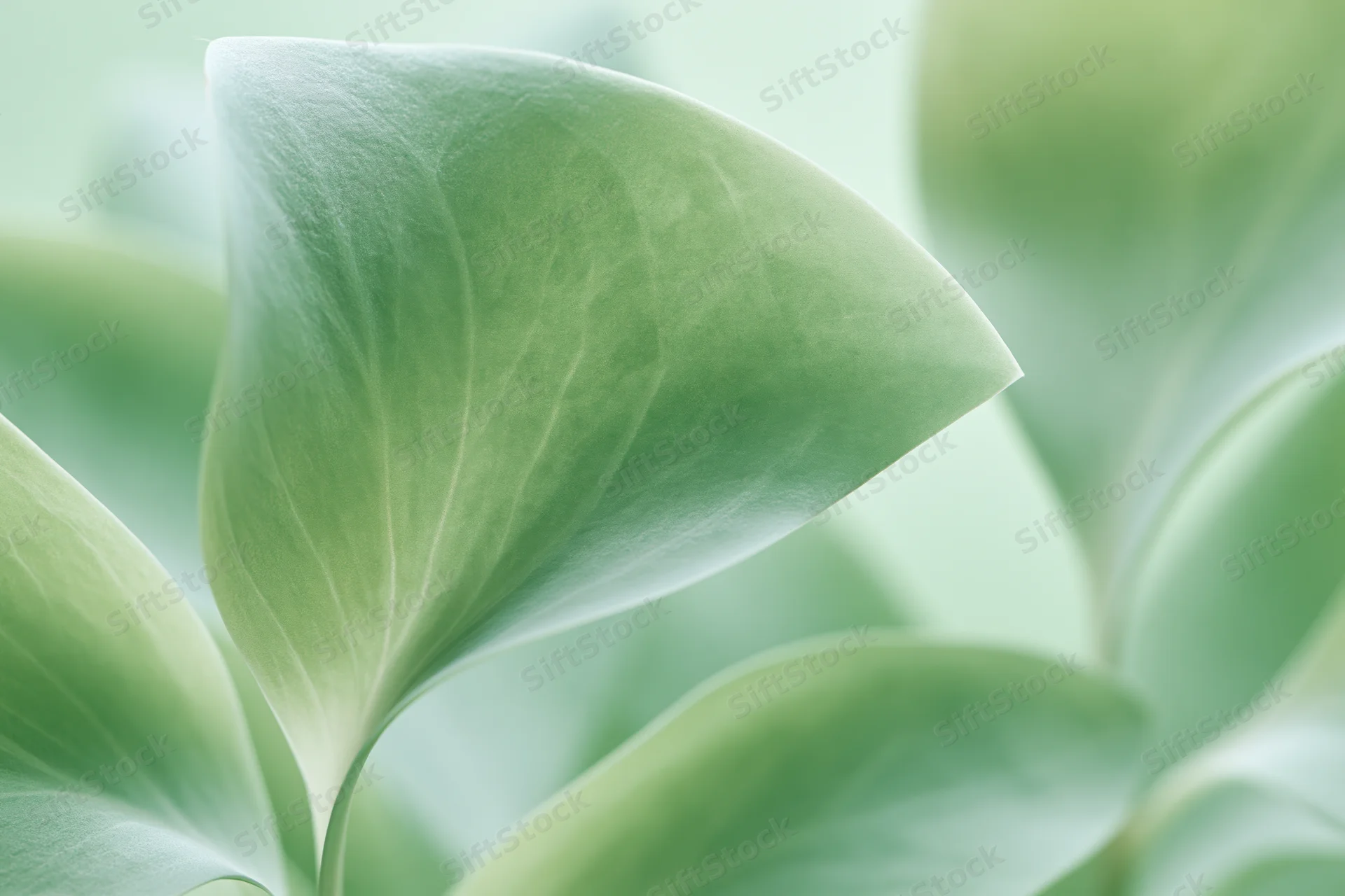 Pale green botanical leaf in extreme close-up with soft focus and visible veins