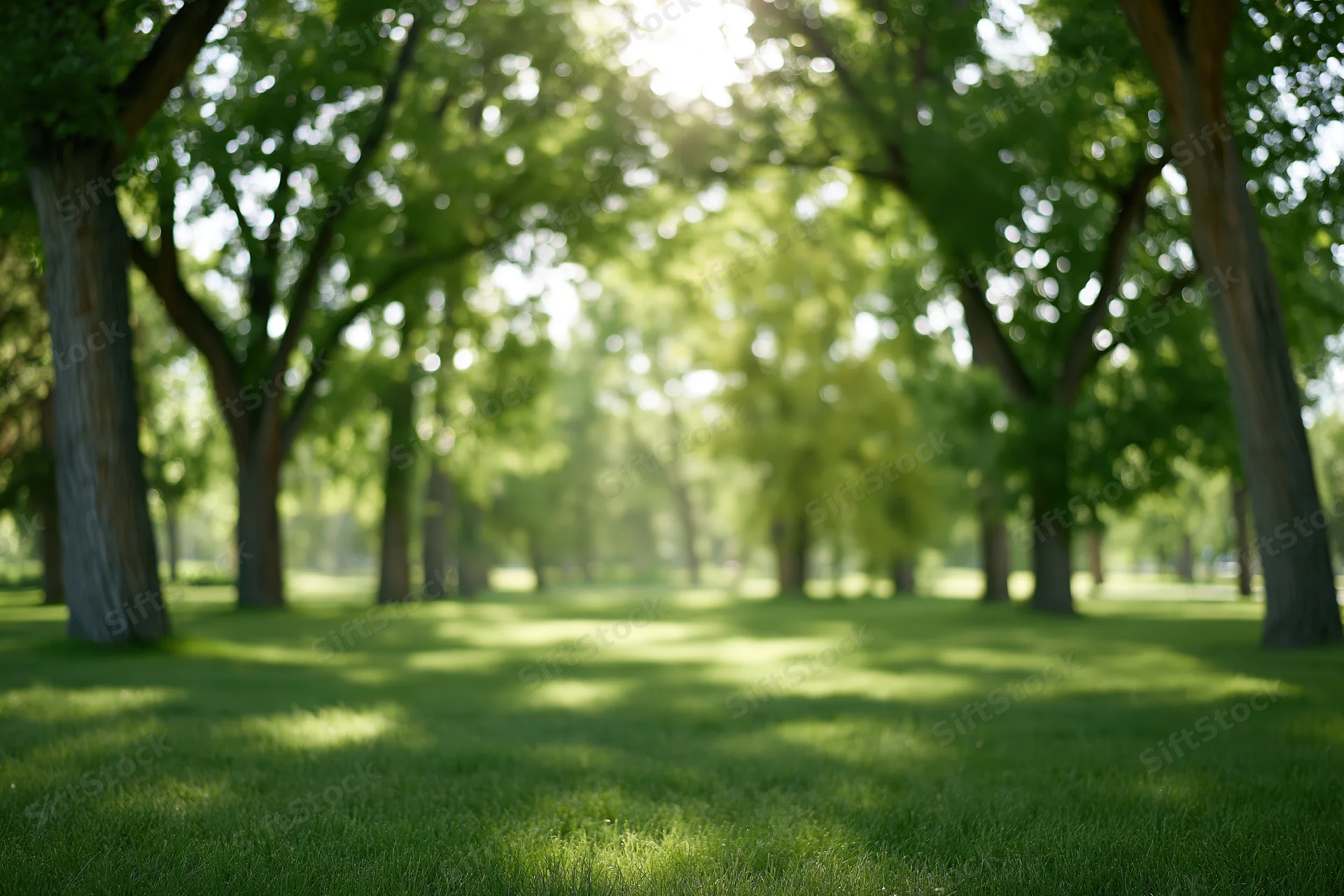Softly blurred park scene with green lawn and trees casting dappled shade in sunlight