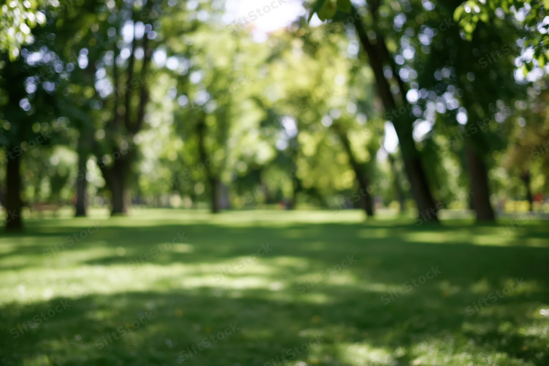 Blurred park scene with green lawn and trees in sunlight