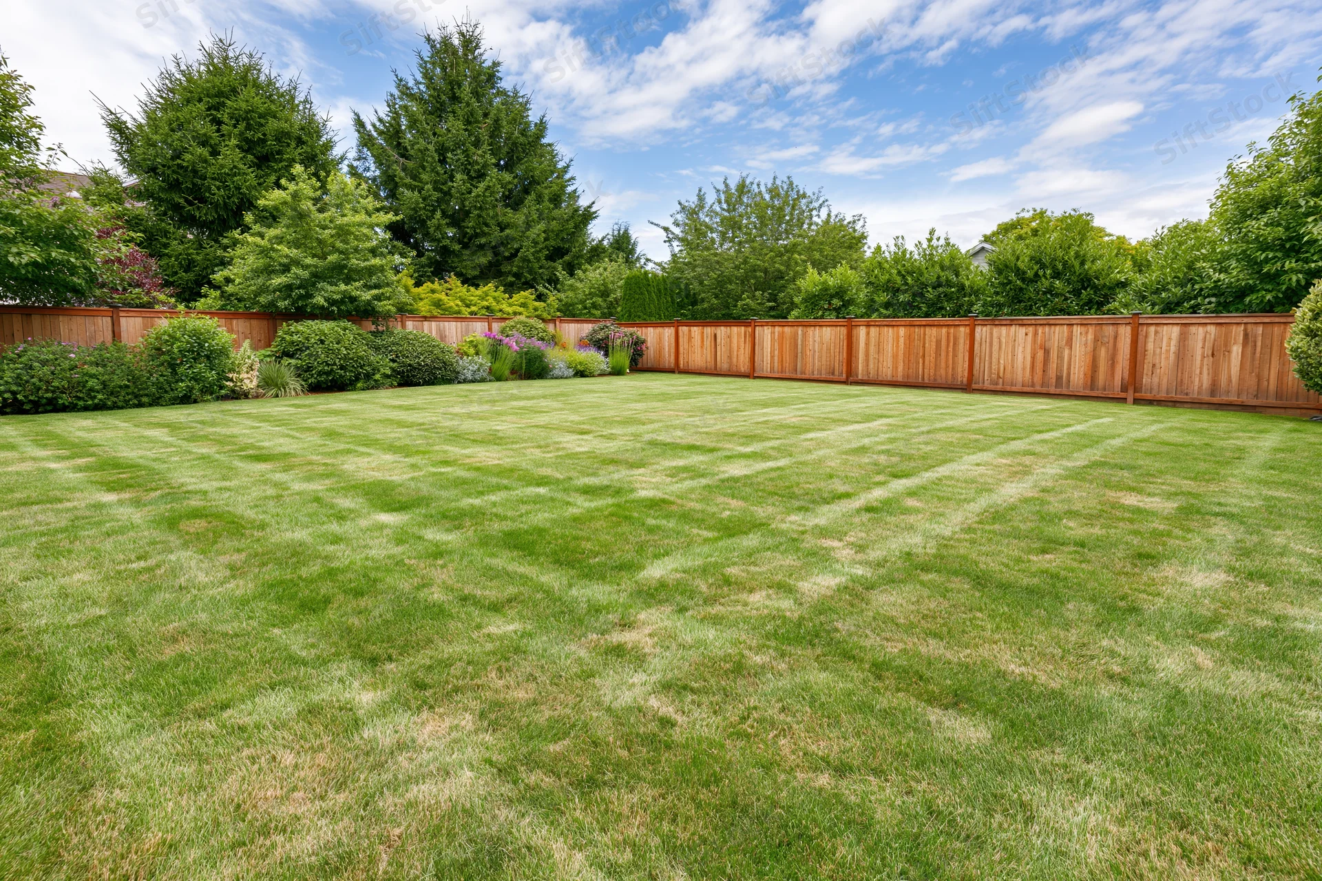 Freshly mowed lawn with striped pattern in a fenced residential backyard under a blue sky with scattered clouds