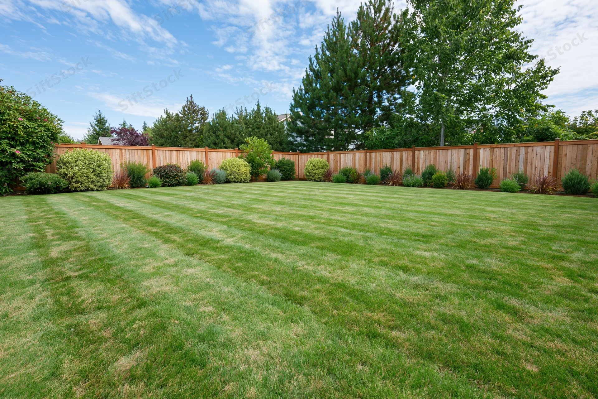 Freshly mowed striped lawn in a residential backyard bordered by wooden fence and shrubs under blue sky with clouds