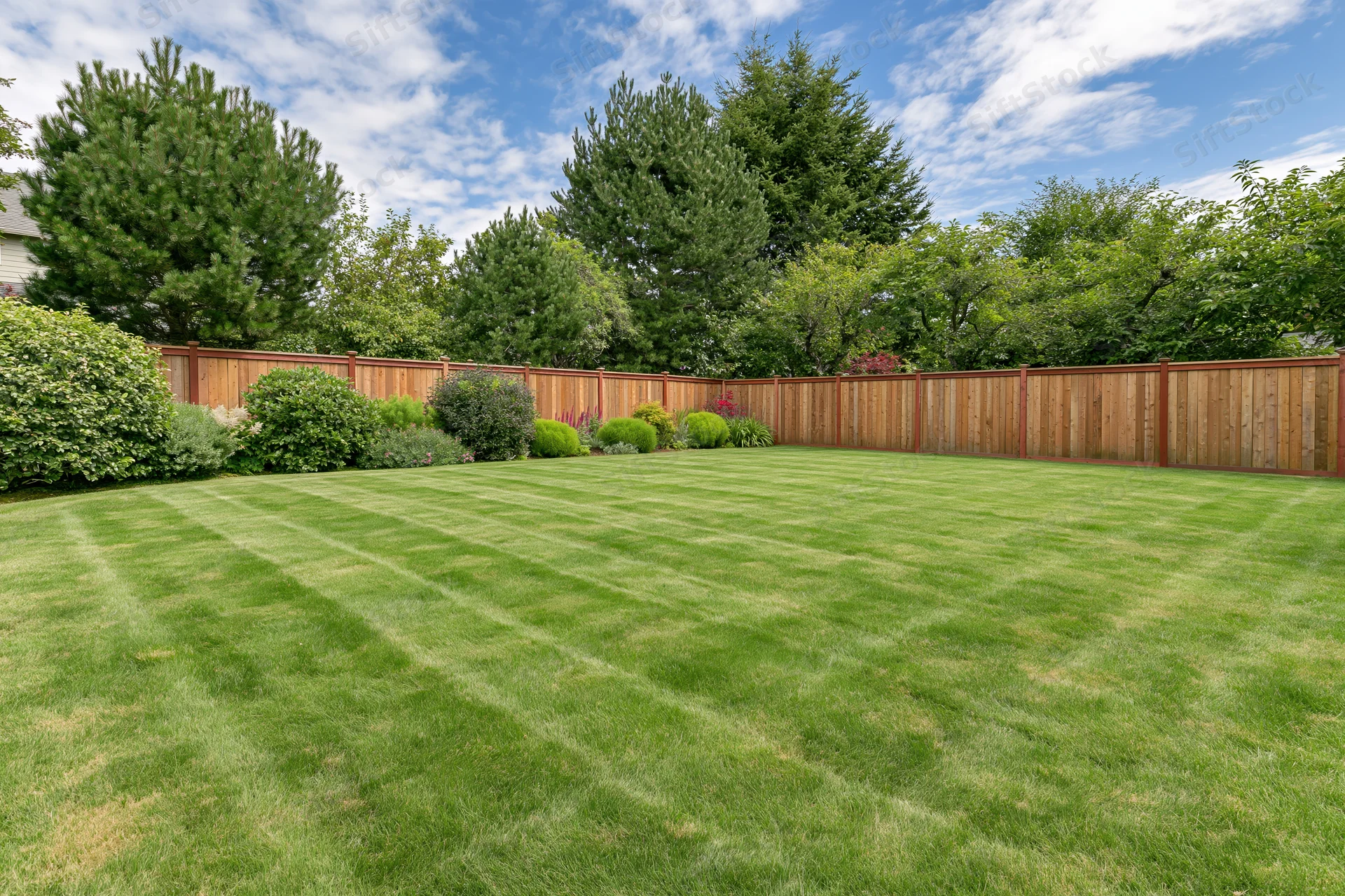 Freshly mowed striped lawn in a residential backyard bordered by wooden fence and shrubs under blue sky with clouds
