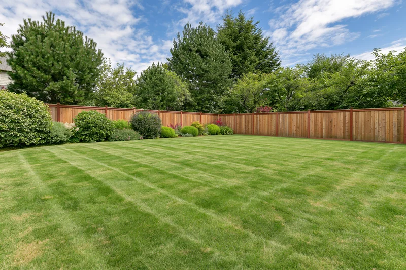 Freshly mowed striped lawn in a residential backyard bordered by wooden fence and shrubs under blue sky with clouds