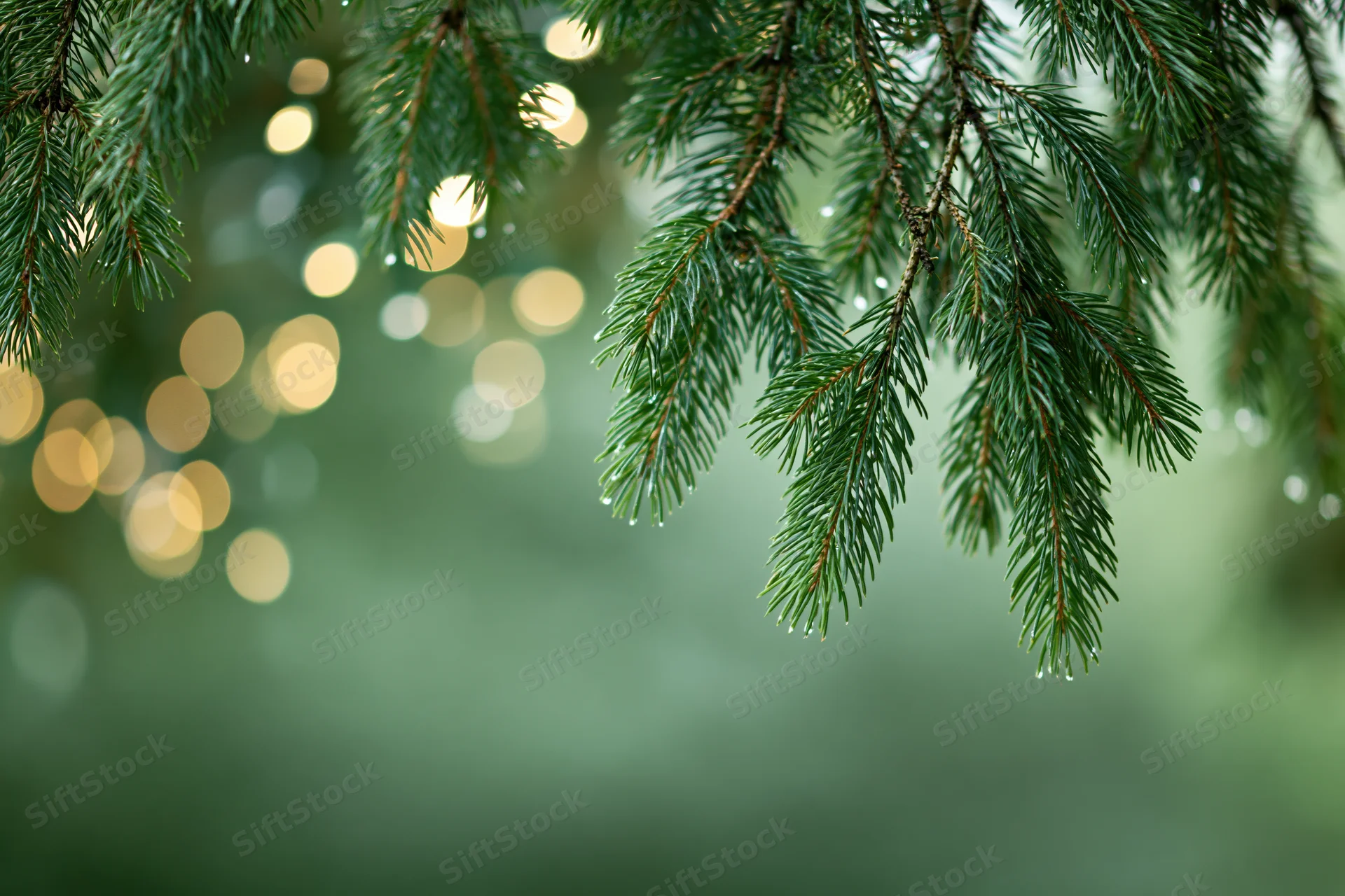 Spruce branches hanging from top of frame against blurred bokeh lights in green background