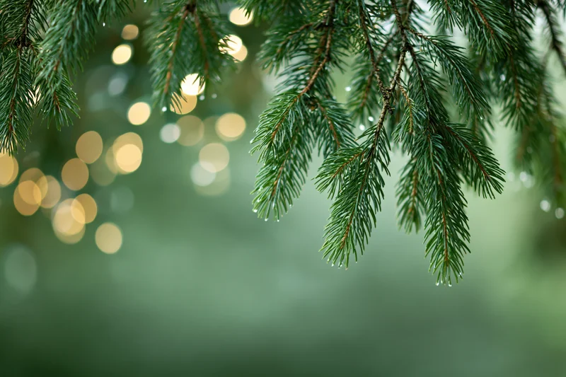 Spruce branches hanging from top of frame against blurred bokeh lights in green background