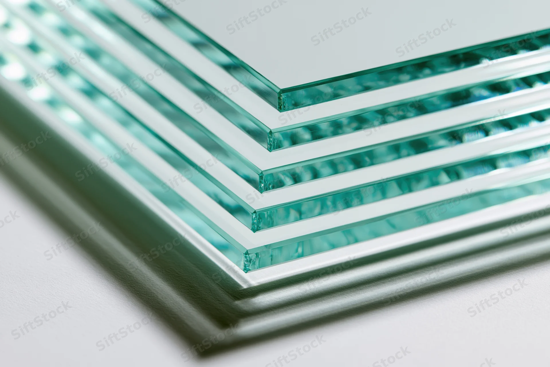 Stack of clear tempered glass sheets leaning at an angle edge on white surface