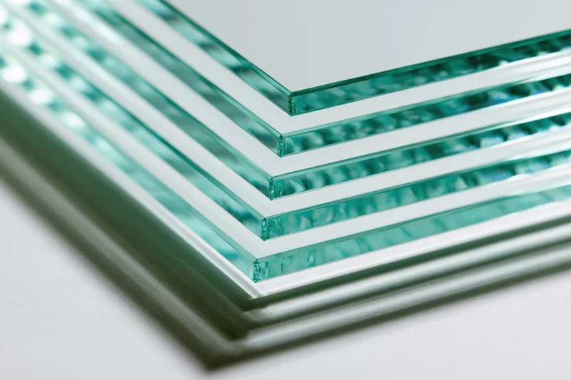 Stack of clear tempered glass sheets leaning at an angle edge on white surface