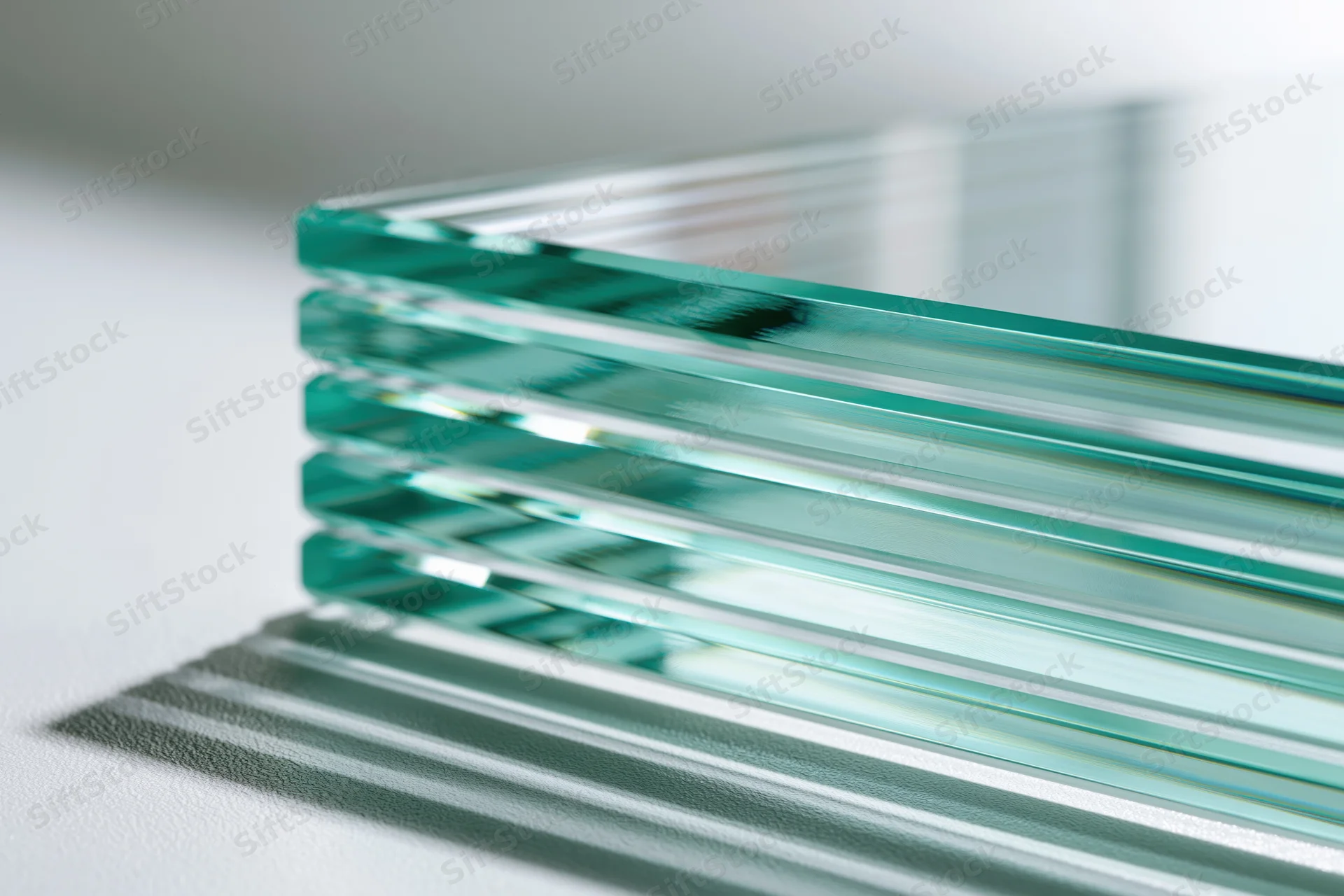 Stack of clear tempered glass sheets leaning at an angle on a white surface